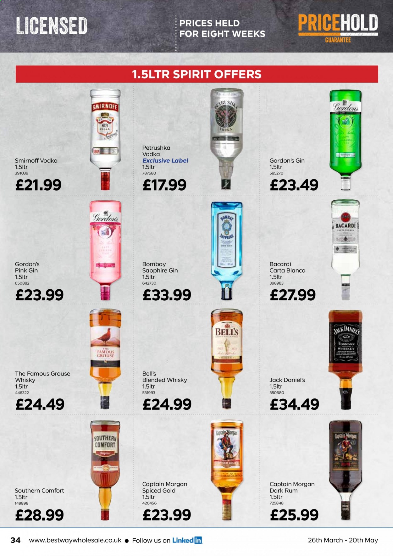 thumbnail - Bestway offer  - 26/03/2021 - 20/05/2021 - Sales products - Bacardi, Captain Morgan, gin, Smirnoff, vodka, whiskey, Jack Daniel's, Gordon's, rum, The Famous Grouse, whisky. Page 34.