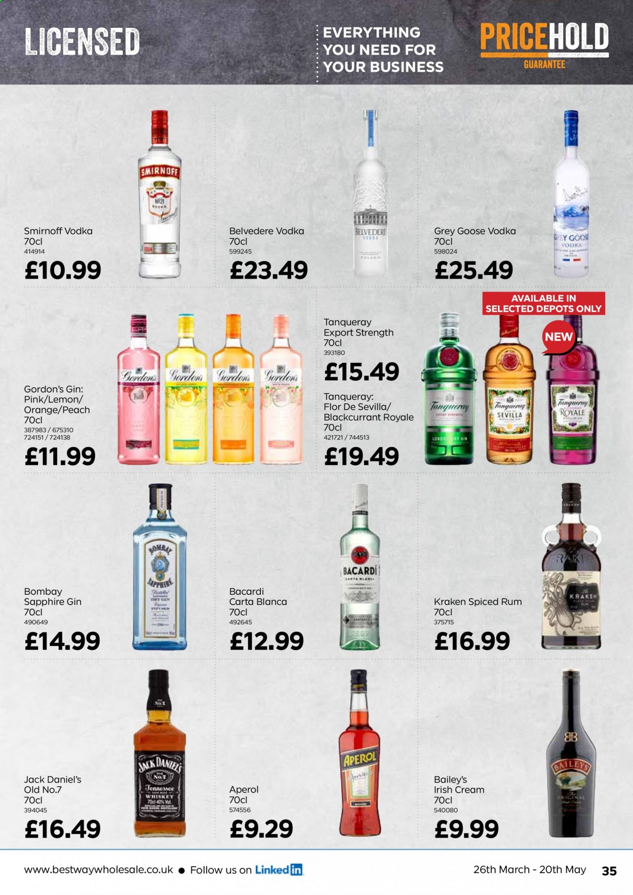 thumbnail - Bestway offer  - 26/03/2021 - 20/05/2021 - Sales products - Jack Daniel's, Bacardi, gin, Smirnoff, spiced rum, vodka, whiskey, irish cream, Baileys, Aperol, Gordon's, rum, whisky. Page 35.