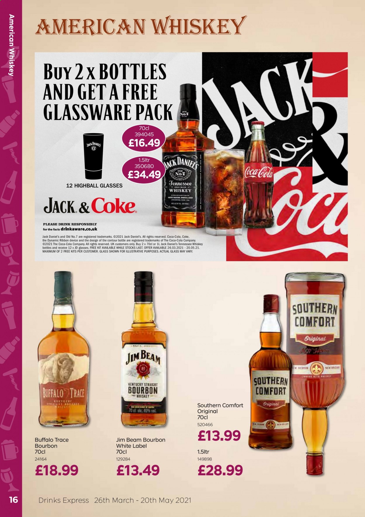 thumbnail - Bestway offer  - 26/03/2021 - 20/05/2021 - Sales products - Coca-Cola, bourbon, Tennessee Whiskey, whiskey, Jack Daniel's, Jim Beam, bourbon whiskey, whisky, glassware set. Page 16.