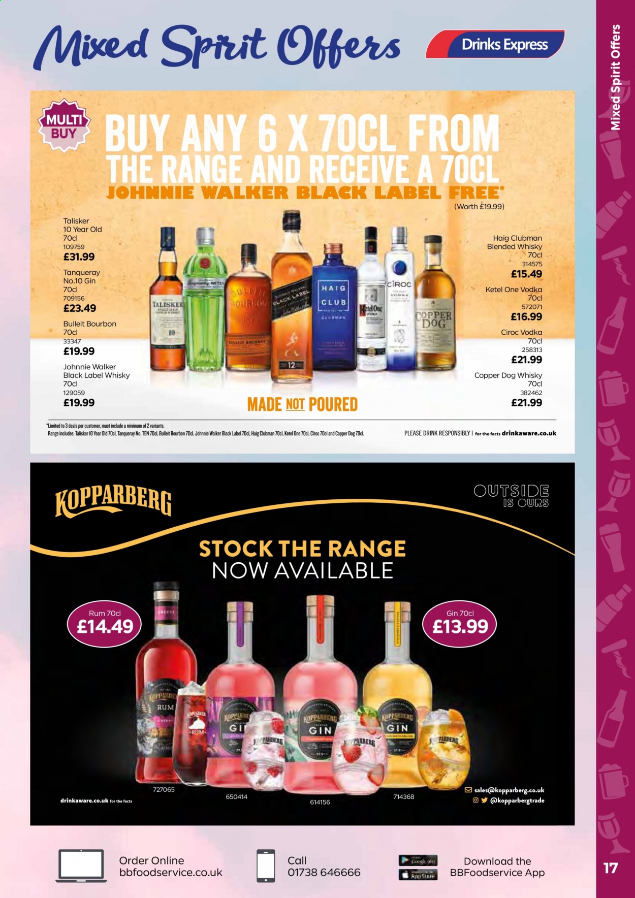 thumbnail - Bestway offer  - 26/03/2021 - 20/05/2021 - Sales products - Kopparberg, bourbon, gin, vodka, Johnnie Walker, rum, Cîroc, bourbon whiskey, whisky. Page 17.