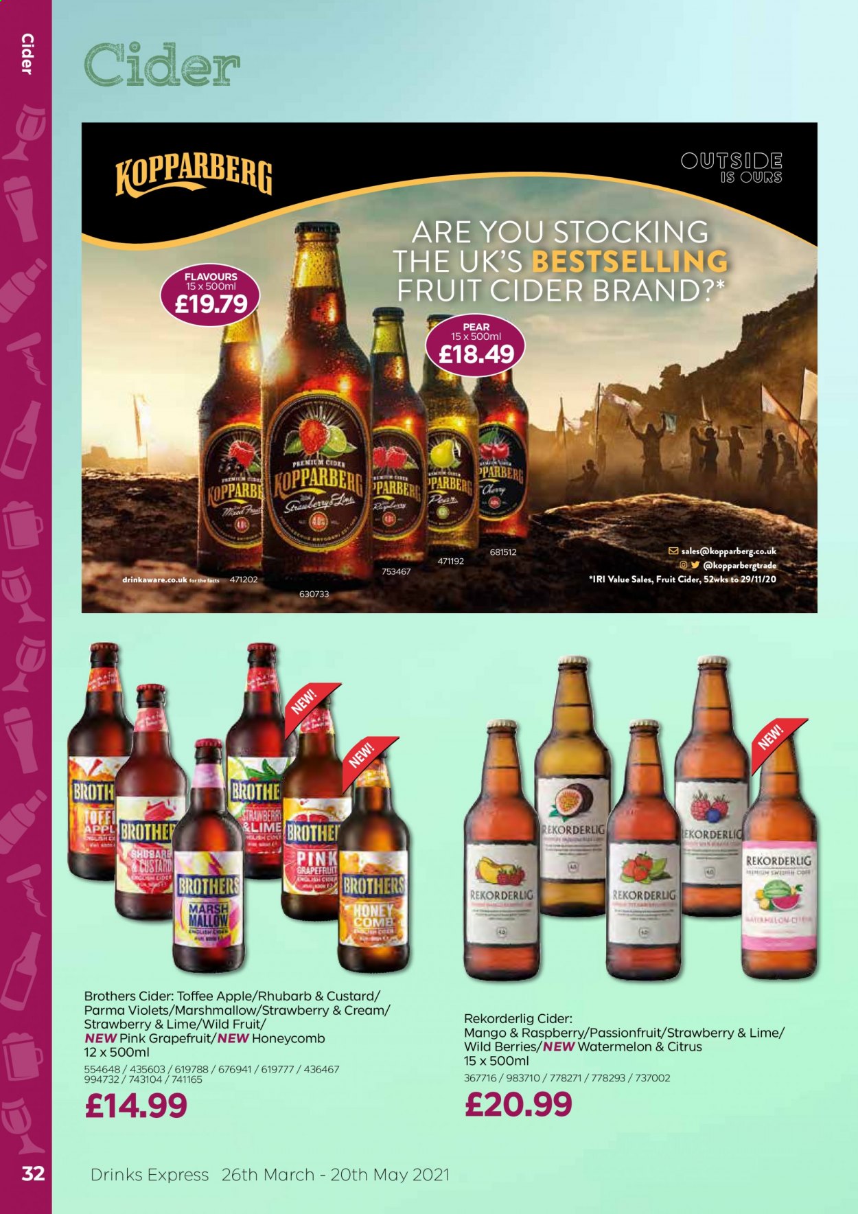 thumbnail - Bestway offer  - 26/03/2021 - 20/05/2021 - Sales products - Kopparberg, grapefruits, mango, watermelon, pears, marshmallows, toffee, broth, honey, apple cider, BROTHERS, comb, Brother. Page 32.
