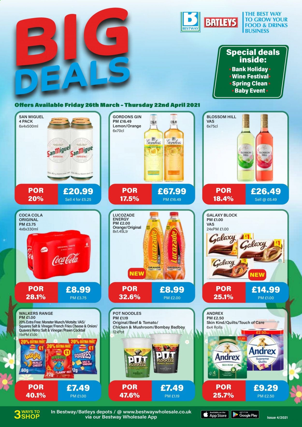 thumbnail - Bestway offer  - 26/03/2021 - 22/04/2021 - Sales products - San Miguel, prawns, Blossom, potato fries, french fries, Monster Munch, noodles, vinegar, Coca-Cola, Lucozade, Monster, wine, gin, Gordon's, pot, quilt. Page 1.