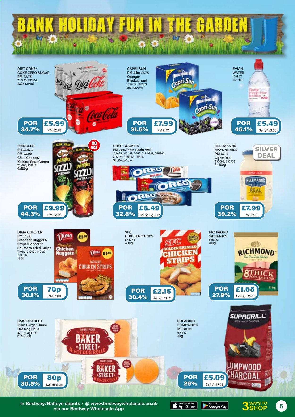 thumbnail - Bestway offer  - 26/03/2021 - 22/04/2021 - Sales products - oranges, hot dog rolls, burger buns, nuggets, fried chicken, sausage, cheese, Oreo, sour cream, mayonnaise, strips, chicken strips, cookies, Pringles, popcorn, Coca-Cola, Coca-Cola zero, Diet Coke. Page 5.