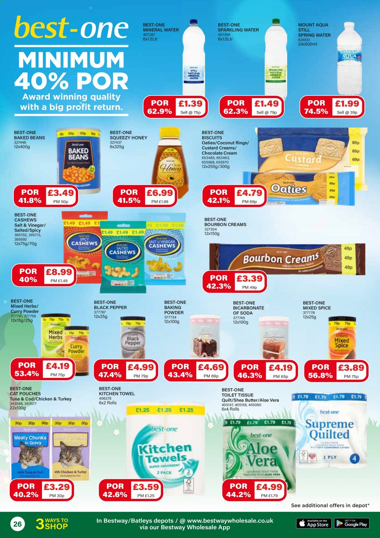 thumbnail - Bestway offer  - 26/03/2021 - 22/04/2021 - Sales products - beans, coconut, cod, tuna, custard, biscuit, baked beans, black pepper, herbs, curry powder, vinegar, honey, cashews, soda, mineral water, spring water, sparkling water, bourbon whiskey, toilet paper, tissues, kitchen towels, shea butter, quilt. Page 26.