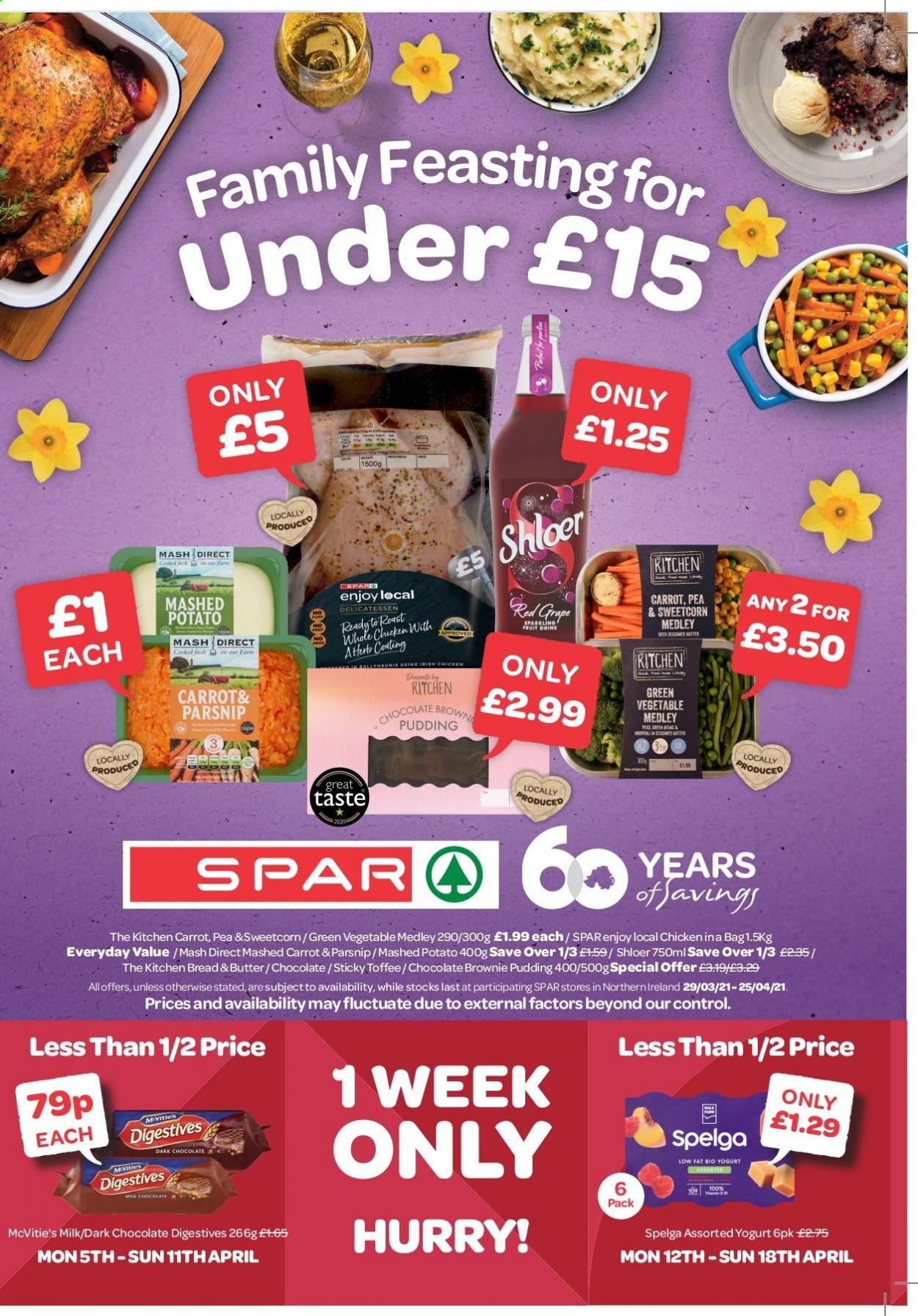 SPAR offer  - 29.3.2021 - 25.4.2021 - Sales products - pudding, yoghurt, chocolate, toffee, dark chocolate, fruit drink. Page 1.