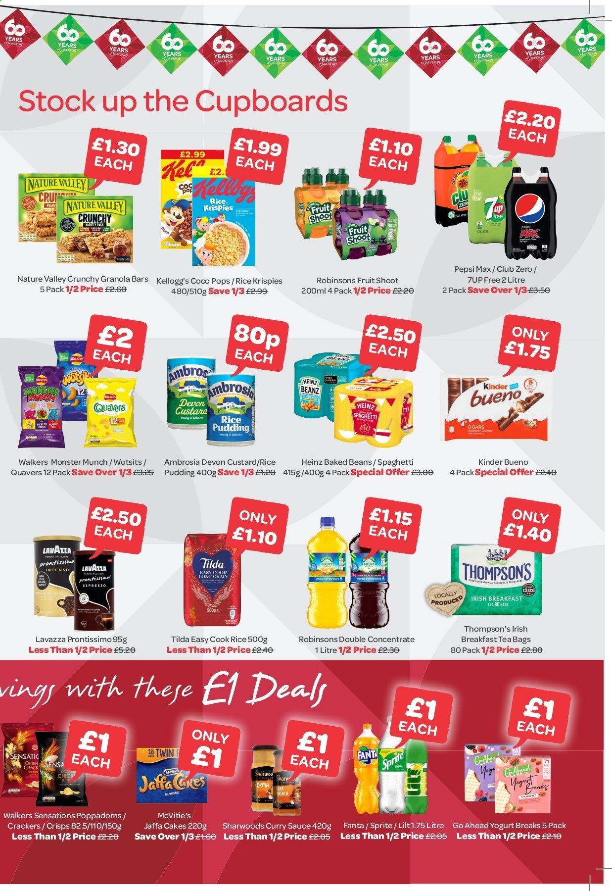 thumbnail - SPAR offer  - 29/03/2021 - 25/04/2021 - Sales products - beans, cake, spaghetti, sauce, pudding, yoghurt, Monster Munch, crackers, Kellogg's, Kinder Bueno, Heinz, baked beans, granola bar, coco pops, Rice Krispies, Nature Valley, curry sauce, Sprite, Pepsi, Fanta, Pepsi Max, Club Zero, Monster, tea bags, Intenso, Lavazza, Thompson's. Page 3.