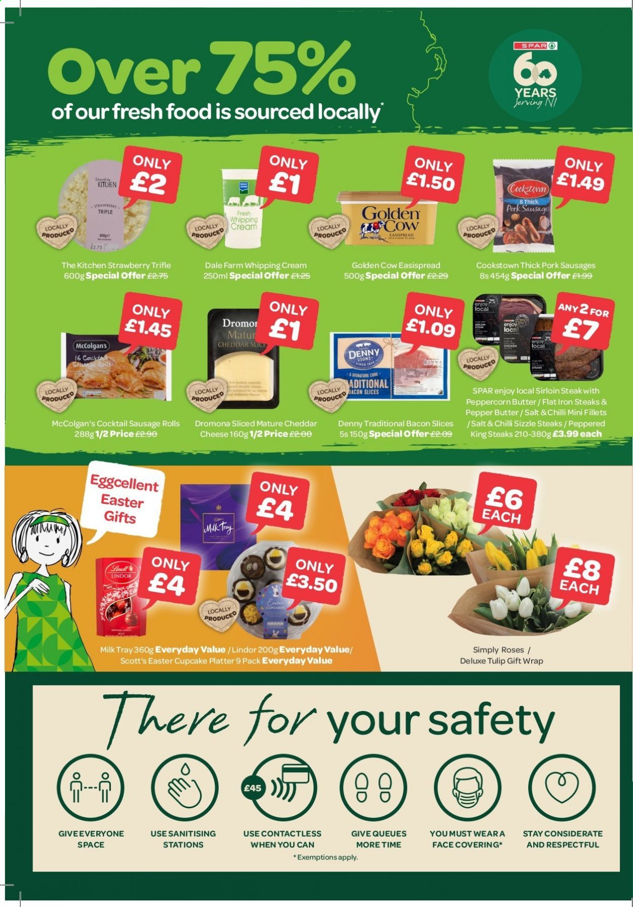 thumbnail - SPAR offer  - 29/03/2021 - 25/04/2021 - Sales products - steak, sausage rolls, cupcake, bacon, sausage, cheddar, cheese, butter, whipping cream, Lindt, Lindor, Milk Tray, pork sausage, gift wrap. Page 5.