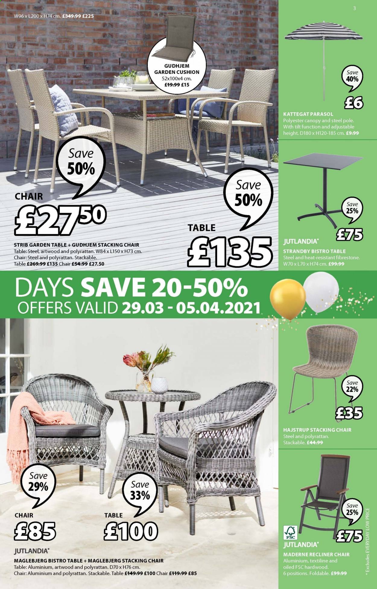 thumbnail - JYSK offer  - 29/03/2021 - 25/04/2021 - Sales products - table, chair, recliner chair, cushion. Page 3.