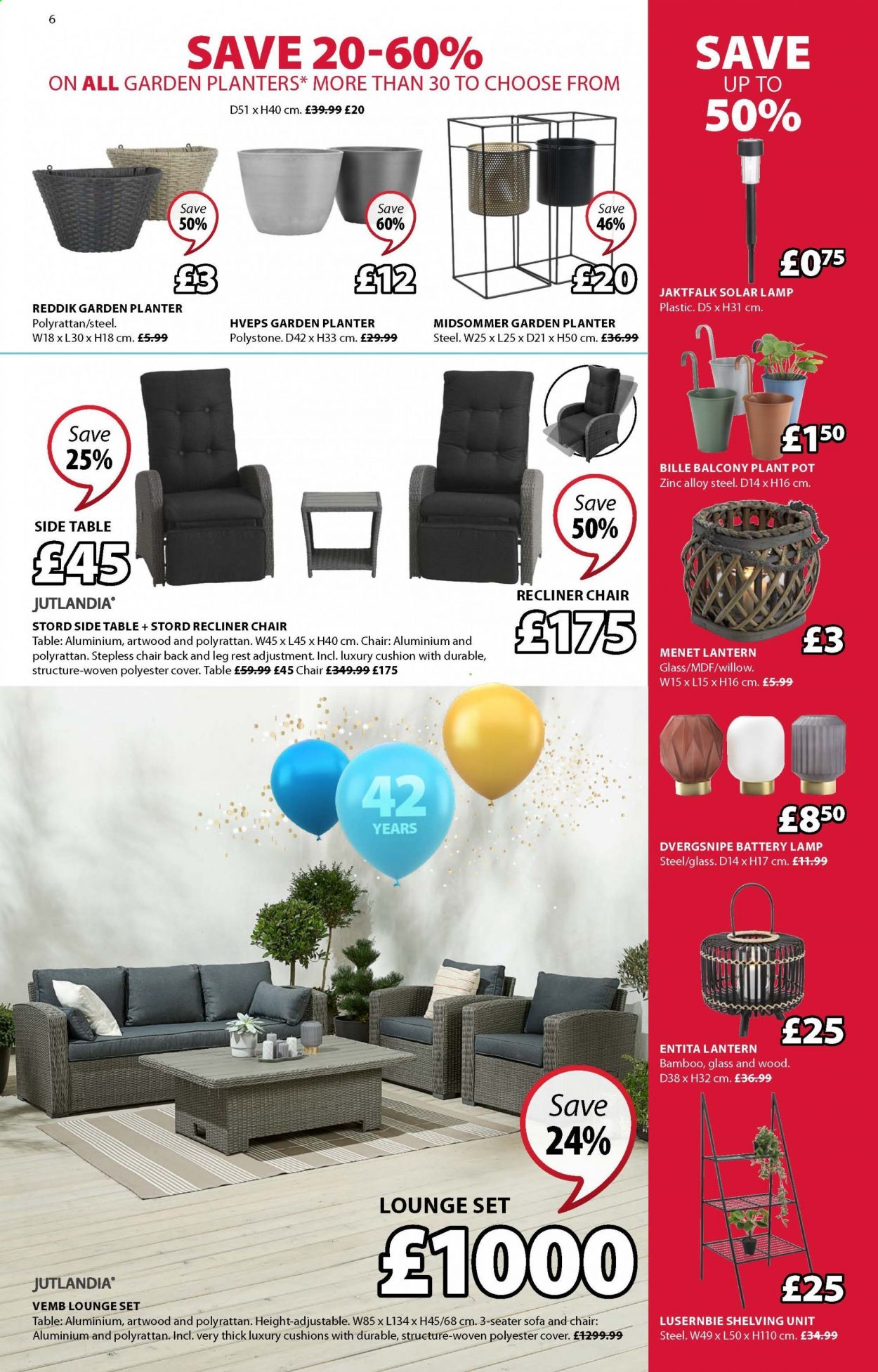 thumbnail - JYSK offer  - 29/03/2021 - 25/04/2021 - Sales products - table, chair, sofa, recliner chair, sidetable, shelves, shelf unit, cushion, lantern, pot, battery, plant pot. Page 6.