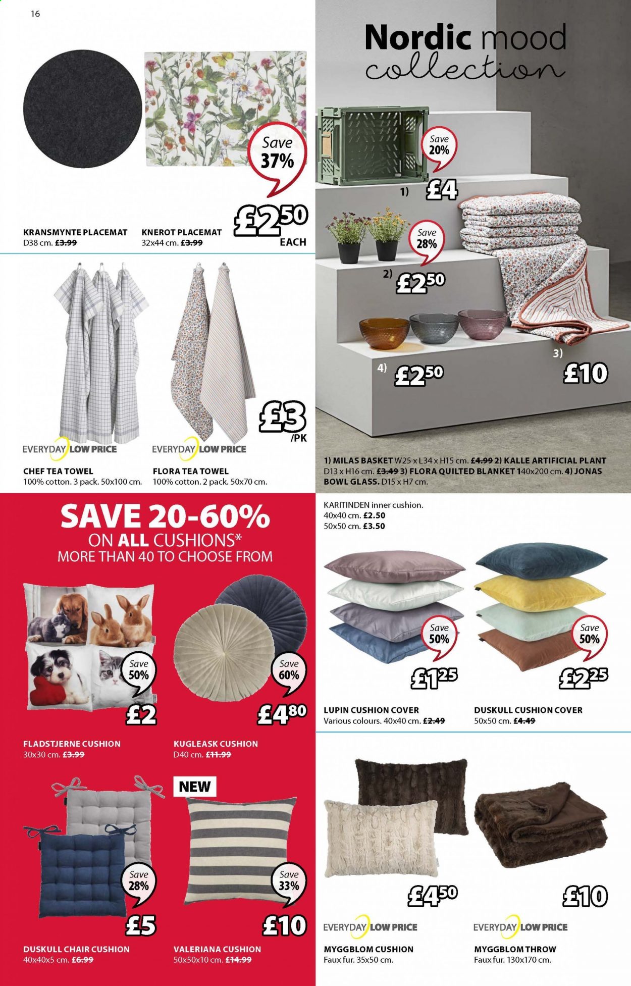 thumbnail - JYSK offer  - 29/03/2021 - 25/04/2021 - Sales products - chair, cushion, placemat, artificial plant, basket, bowl, tea towels, blanket. Page 16.