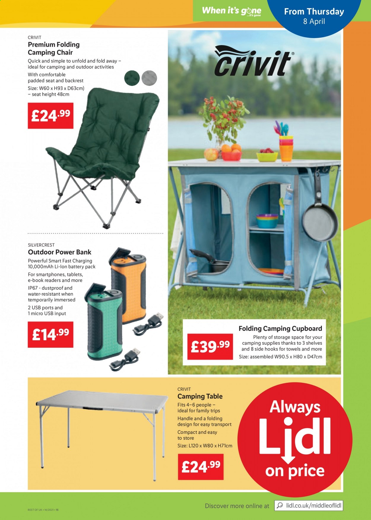 thumbnail - Lidl offer  - 08/04/2021 - 14/04/2021 - Sales products - table, chair, Crivit, SilverCrest, Plenty, hook, towel, power bank, camping chair. Page 15.
