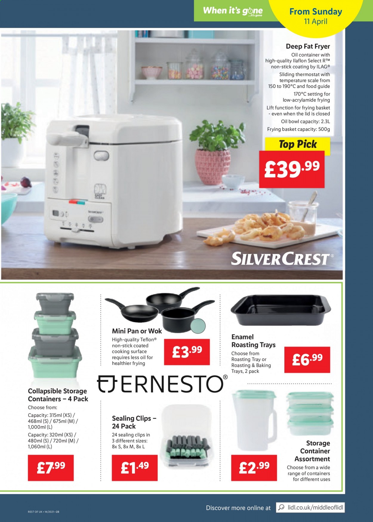 thumbnail - Lidl offer  - 08/04/2021 - 14/04/2021 - Sales products - scale, bread, sandwich, oil, basket, lid, tray, plate, pan, wok, bowl, ruler, deep fryer. Page 23.