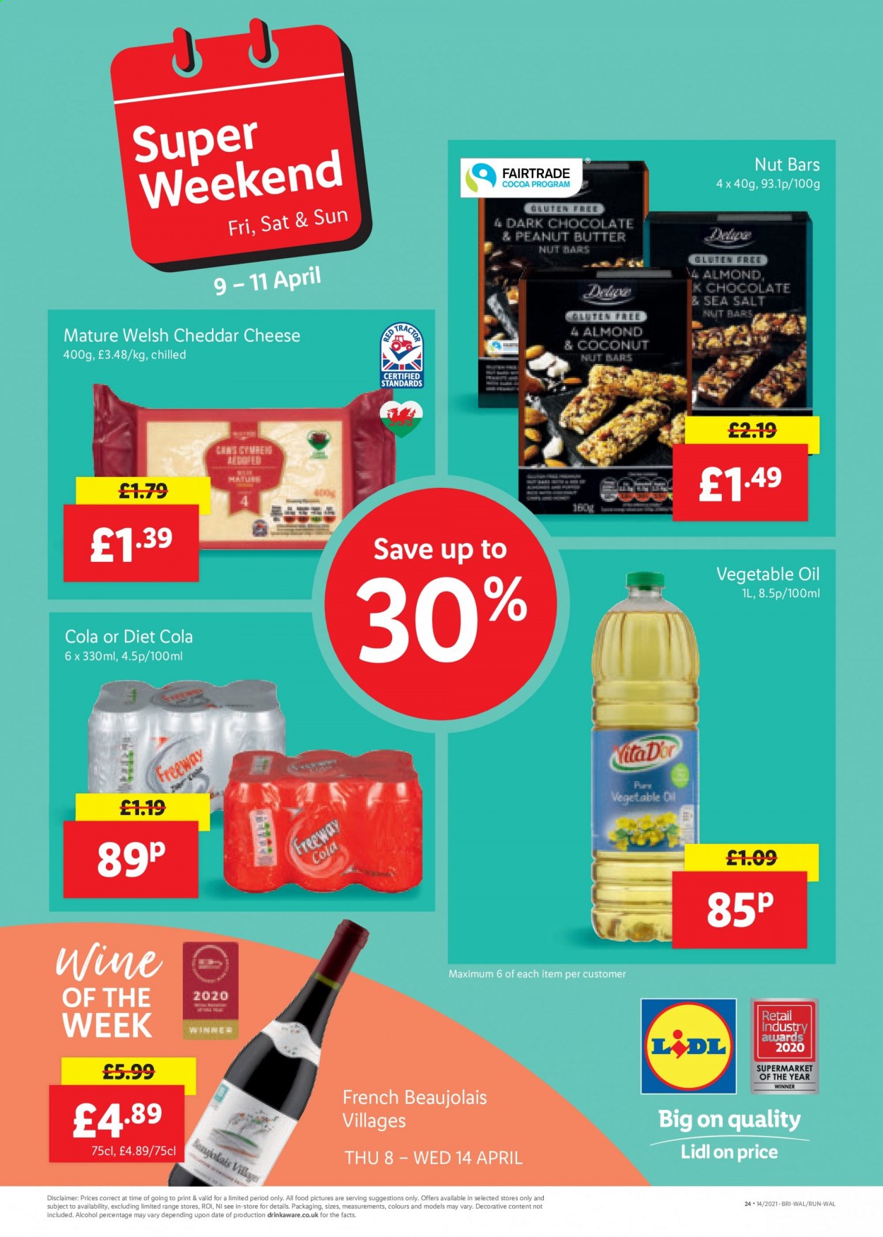 thumbnail - Lidl offer  - 08/04/2021 - 14/04/2021 - Sales products - alcohol, cheddar, cheese, nut bar, vegetable oil. Page 24.