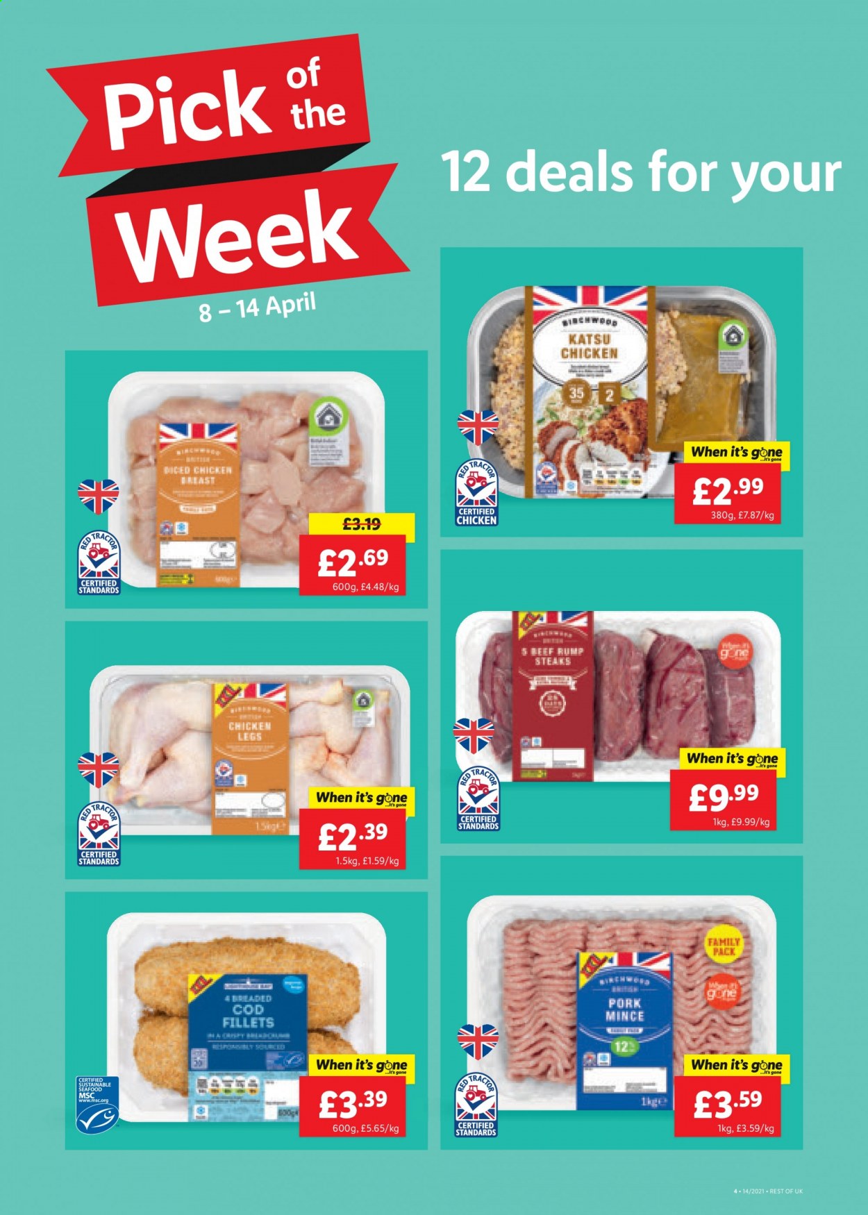 thumbnail - Lidl offer  - 08/04/2021 - 14/04/2021 - Sales products - chicken legs, chicken, cod. Page 4.