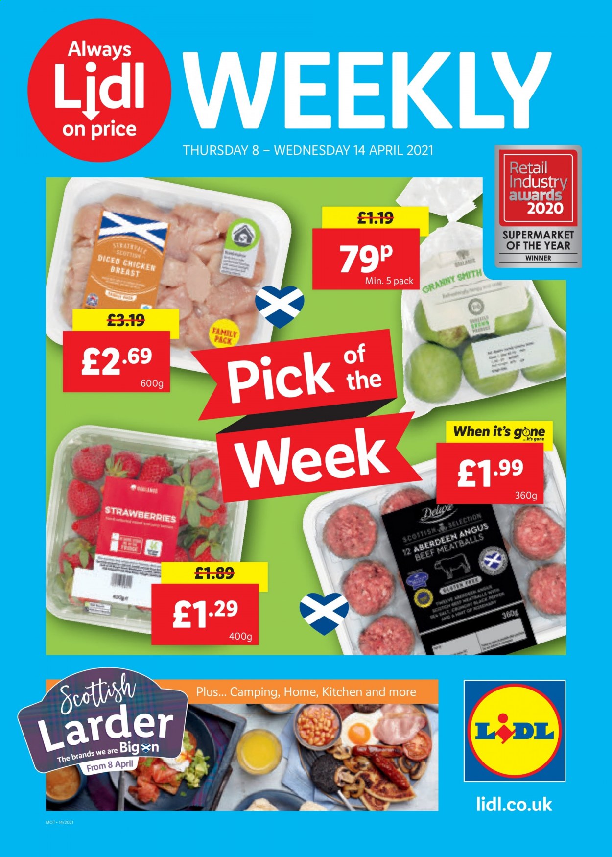 thumbnail - Lidl offer  - 08/04/2021 - 14/04/2021 - Sales products - strawberries, beef meat, meatballs, ham. Page 1.