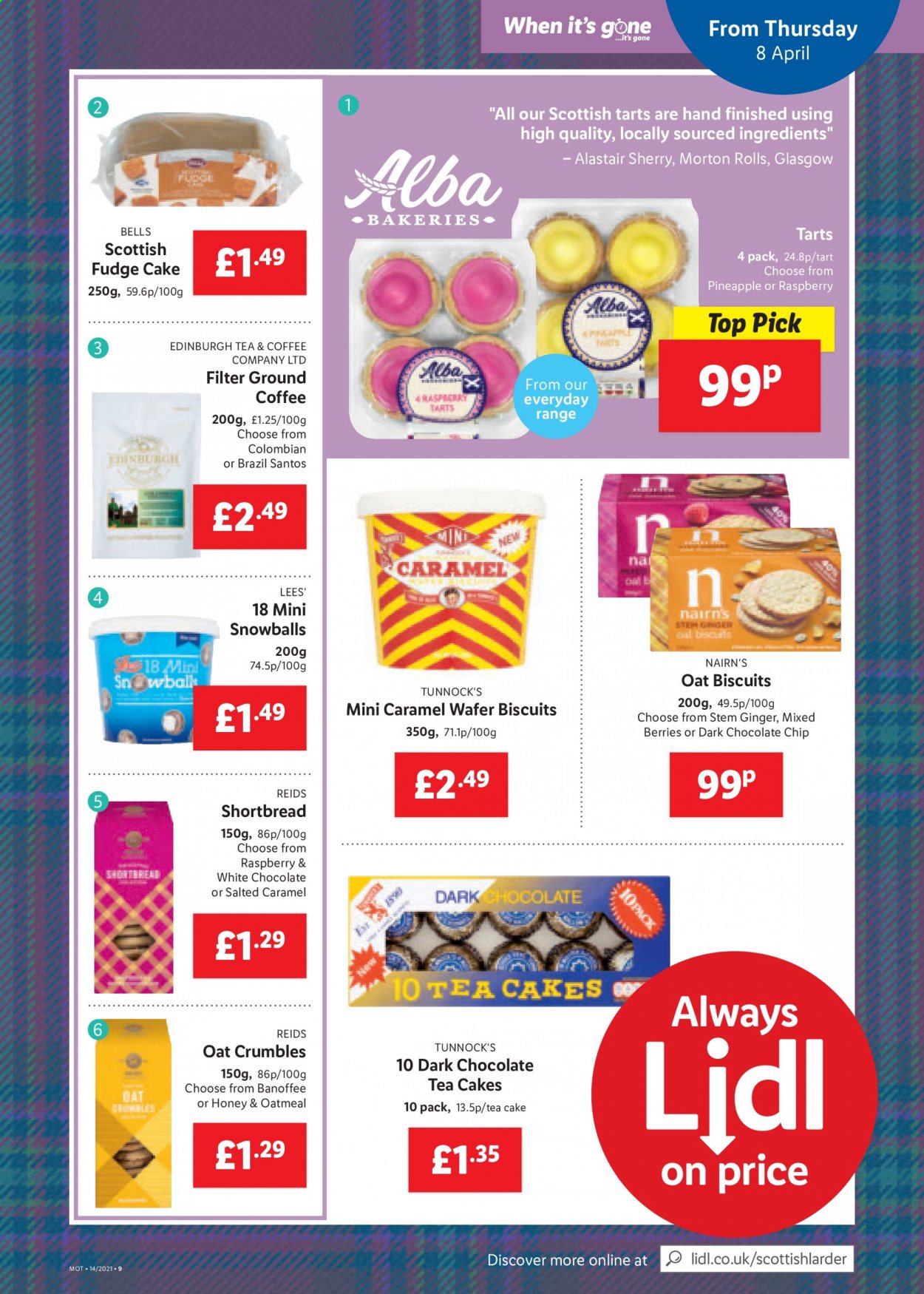 thumbnail - Lidl offer  - 08/04/2021 - 14/04/2021 - Sales products - ginger, cake, tart, biscuit, fudge, wafers, oatmeal, oats, honey, coffee, ground coffee, sherry. Page 9.