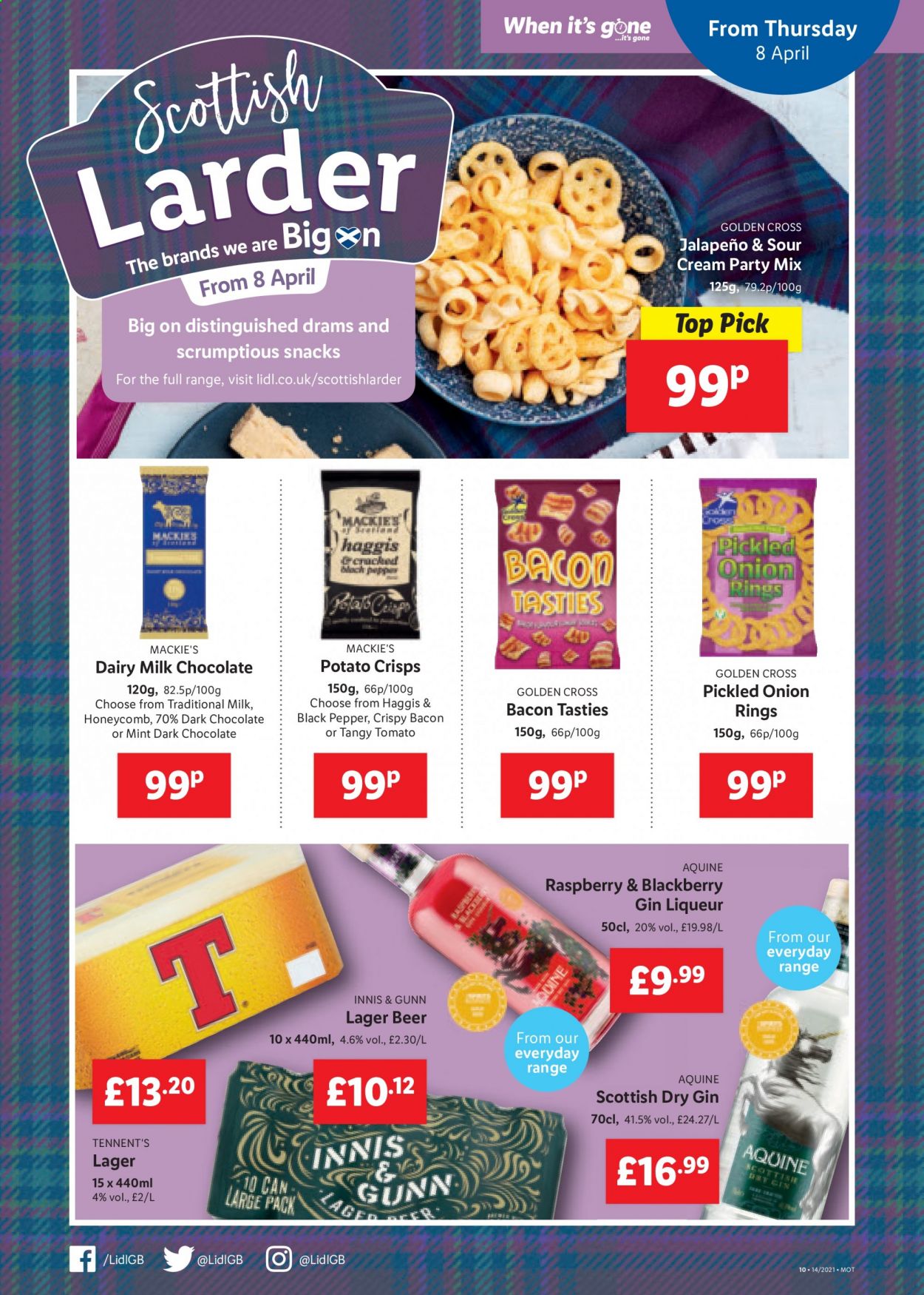 thumbnail - Lidl offer  - 08/04/2021 - 14/04/2021 - Sales products - beer, Lager, onion rings, bacon, milk chocolate, chocolate, dark chocolate, Dairy Milk, potato crisps, snack, jalapeño, black pepper, gin, liqueur, Pril. Page 10.