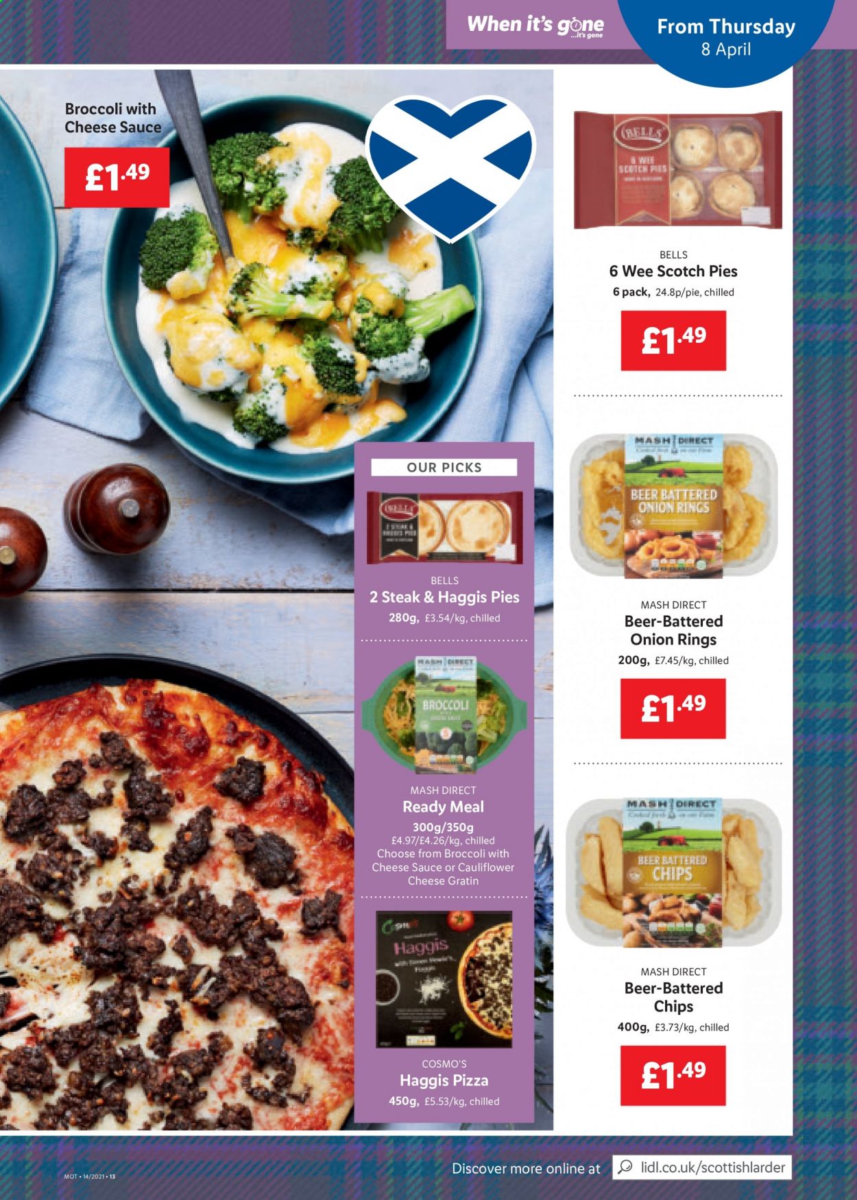 thumbnail - Lidl offer  - 08/04/2021 - 14/04/2021 - Sales products - beer, broccoli, cauliflower, steak, pie, pizza, onion rings, cheese, chips. Page 13.