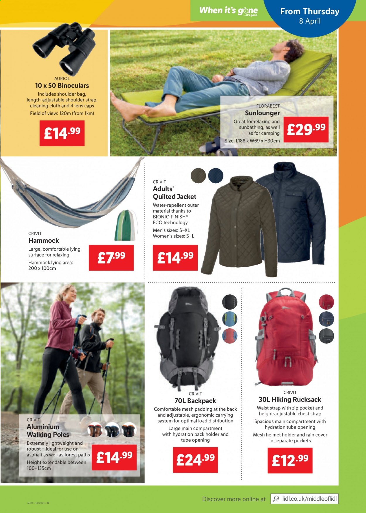 thumbnail - Lidl offer  - 08/04/2021 - 14/04/2021 - Sales products - Crivit, repellent, jacket, cap, backpack, shoulder bag, helmet, binoculars, holder, strap. Page 17.