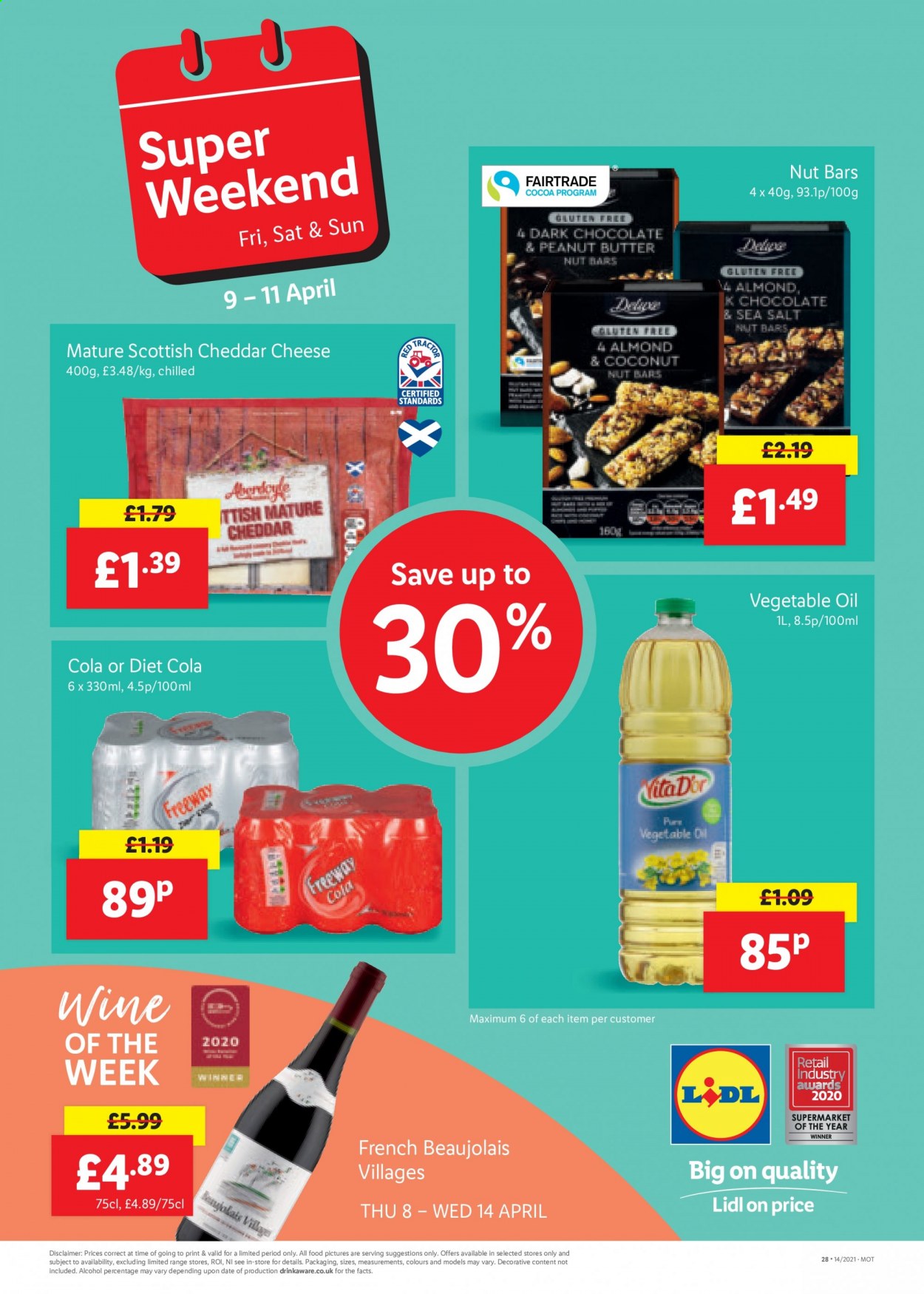 thumbnail - Lidl offer  - 08/04/2021 - 14/04/2021 - Sales products - alcohol, cheddar, cheese, nut bar, vegetable oil. Page 28.