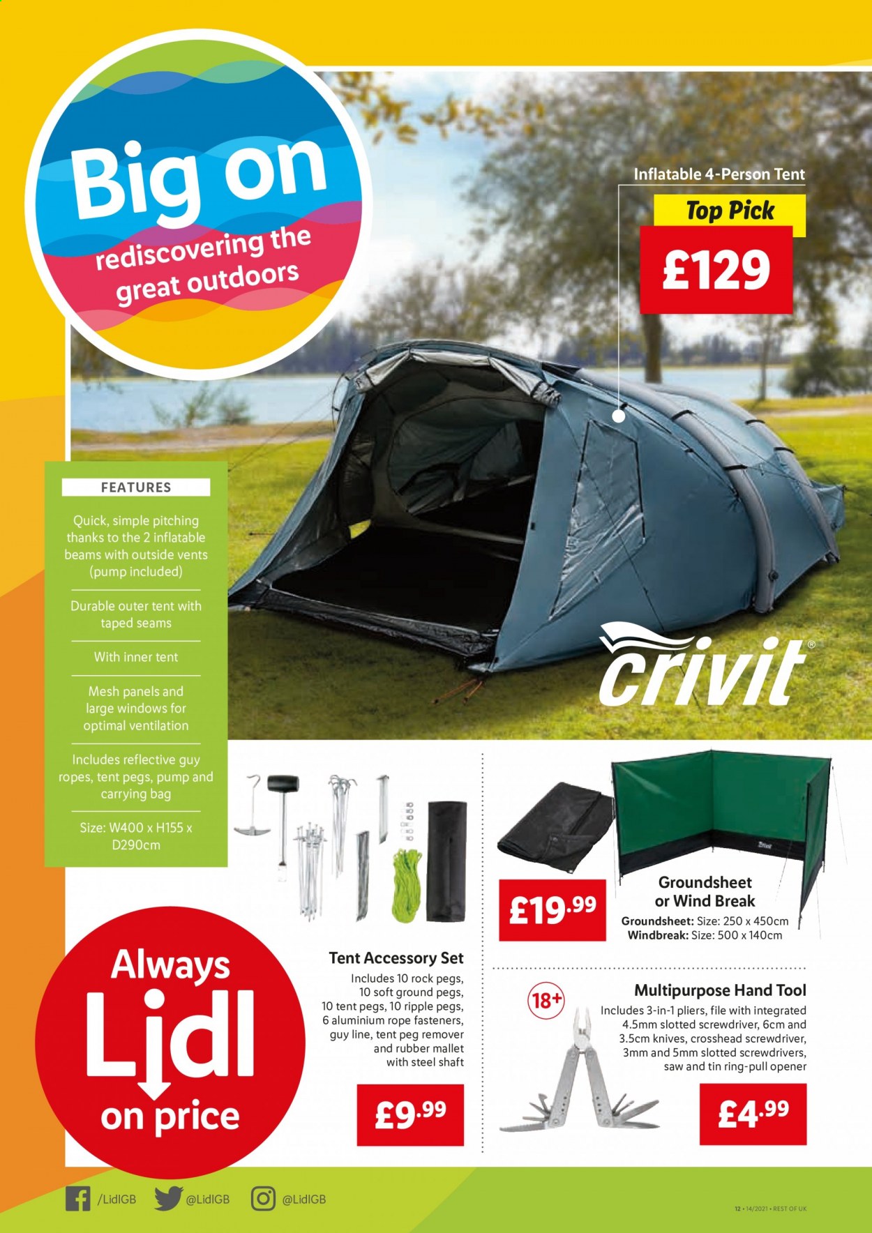 thumbnail - Lidl offer  - 08/04/2021 - 14/04/2021 - Sales products - Crivit, knife, bag, tent, saw, screwdriver, pliers, pump. Page 6.
