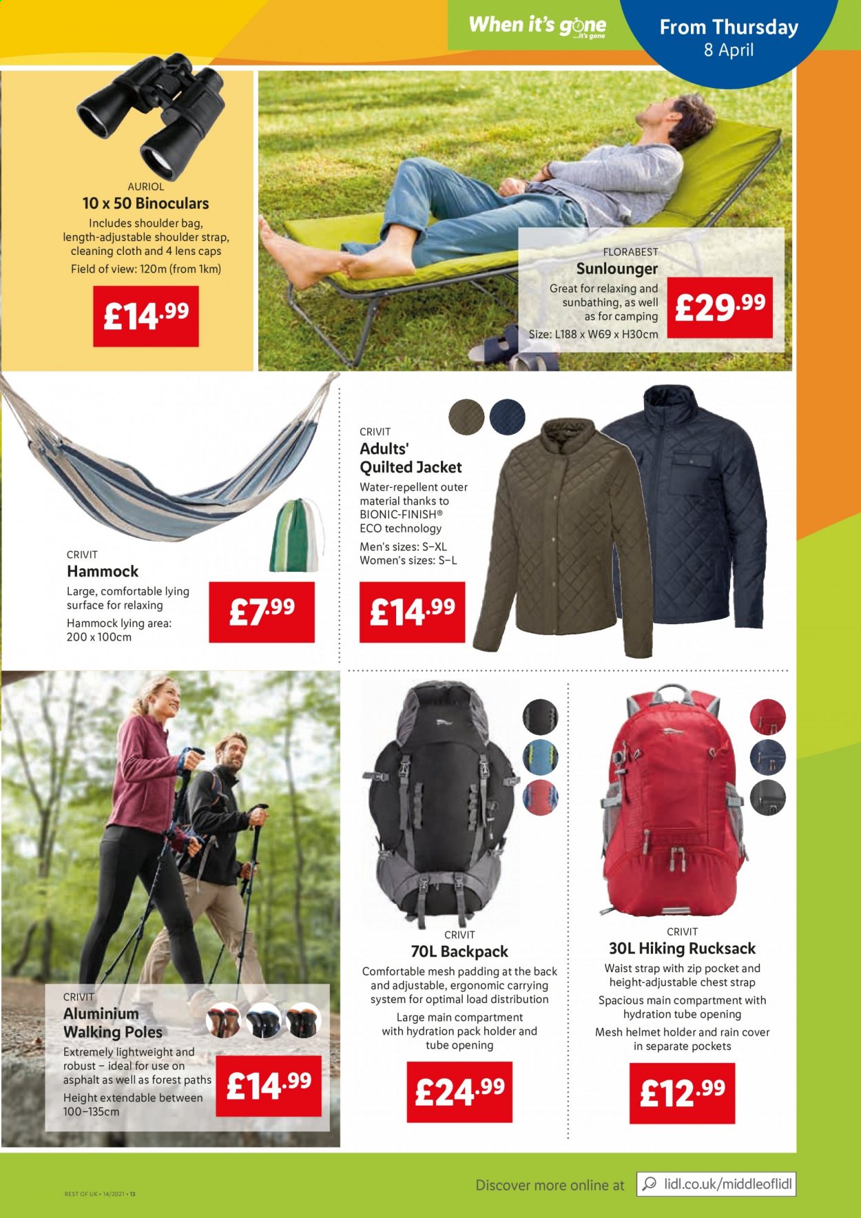 thumbnail - Lidl offer  - 08/04/2021 - 14/04/2021 - Sales products - Crivit, repellent, jacket, cap, backpack, shoulder bag, helmet, binoculars, holder, strap. Page 7.