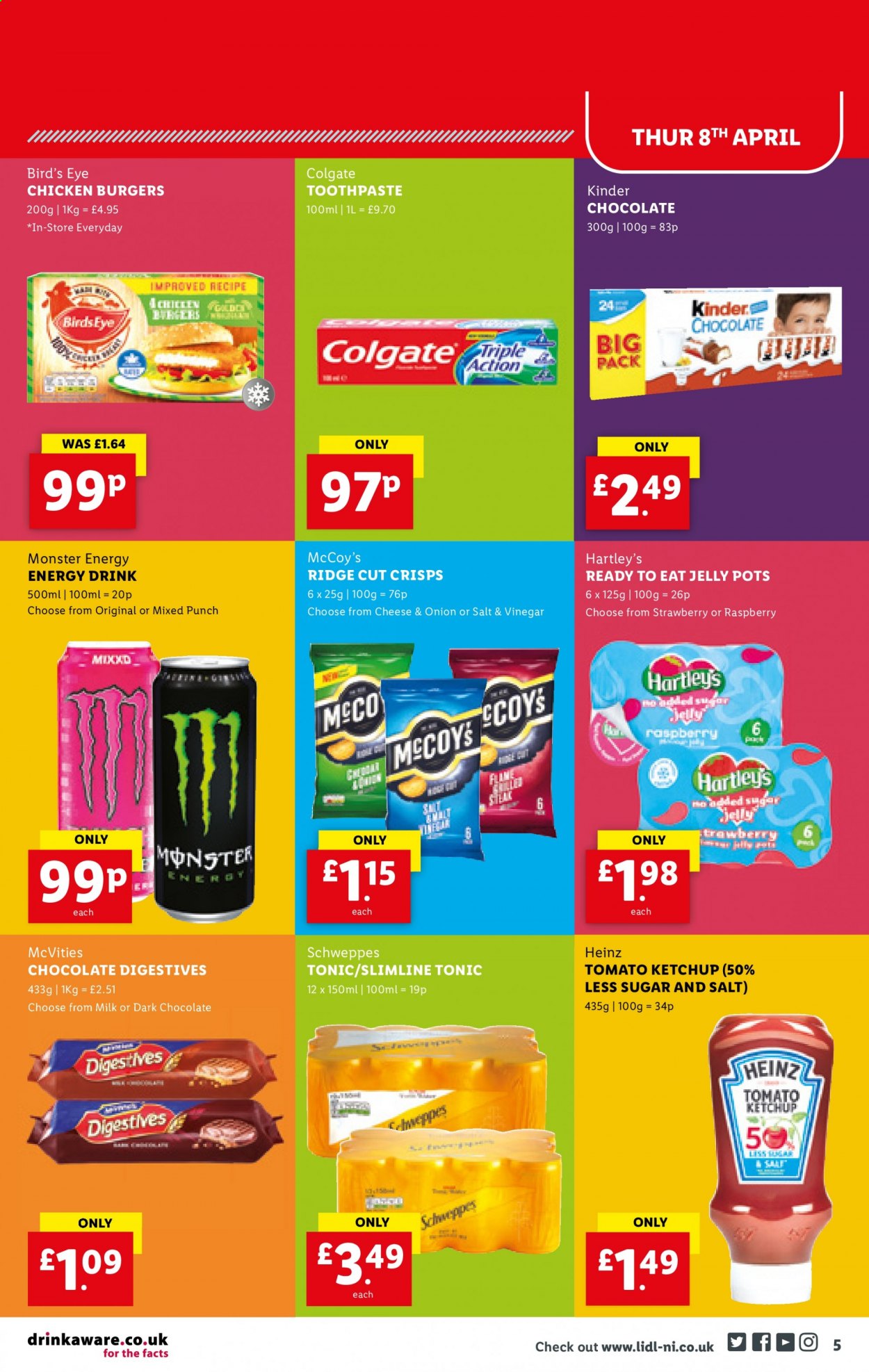 thumbnail - Lidl offer  - 08/04/2021 - 14/04/2021 - Sales products - hamburger, Bird's Eye, jelly, milk, chocolate, Heinz, ketchup, vinegar, Schweppes, energy drink, tonic, Monster Energy, Monster, punch, Colgate, toothpaste, pot. Page 5.