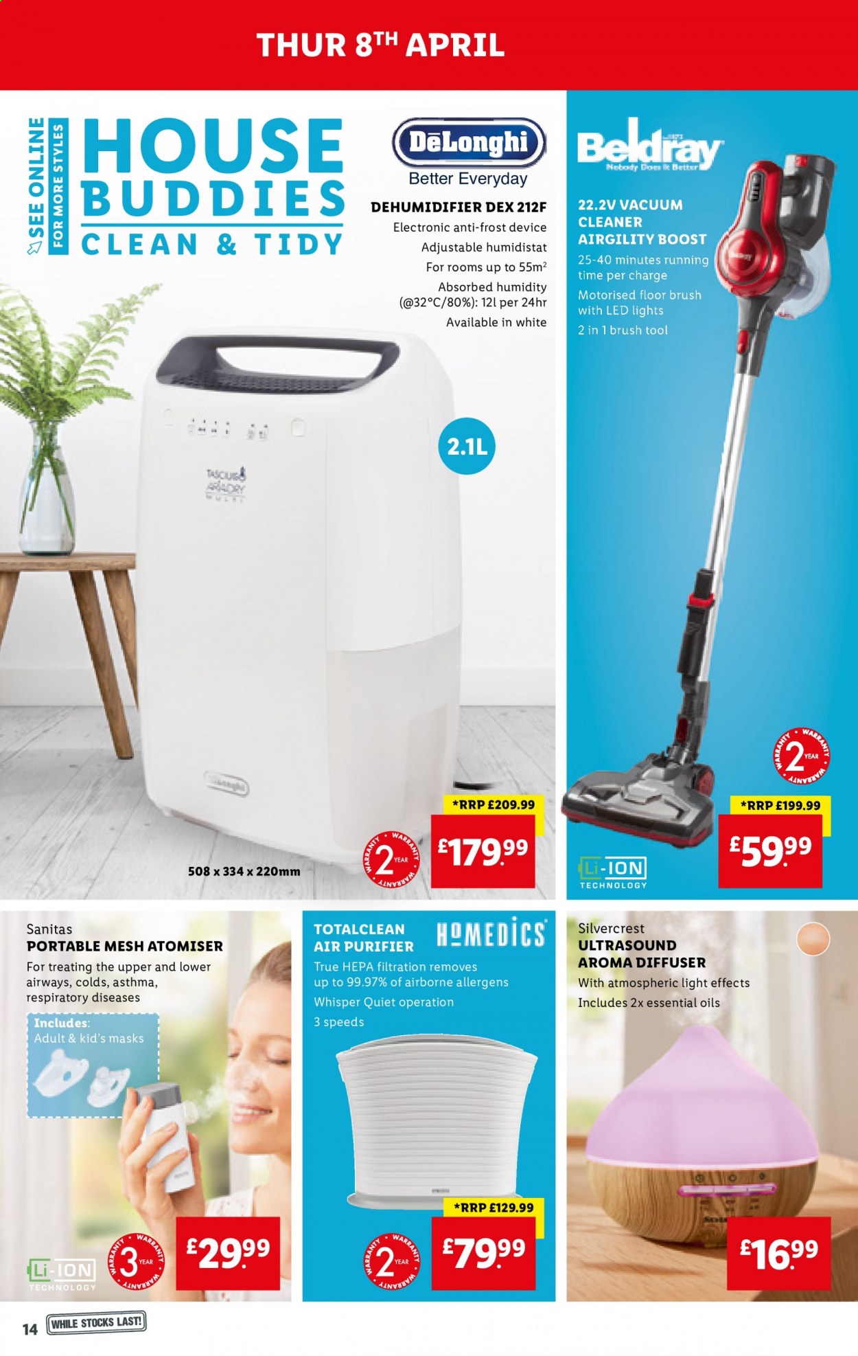 thumbnail - Lidl offer  - 08/04/2021 - 14/04/2021 - Sales products - SilverCrest, Boost, cleaner, Whisper, diffuser, essential oils, air purifier, vacuum cleaner, LED light. Page 14.