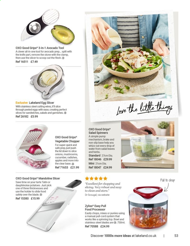 thumbnail - Lakeland offer  - Sales products - knife, lid, slicer, handy chopper, bowl, food processor. Page 53.