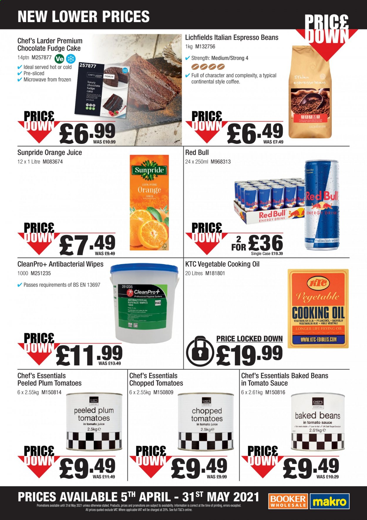 Makro offer  - 5.4.2021 - 31.5.2021 - Sales products - tomatoes, cake, Fudge, chocolate, baked beans, chopped tomatoes, oil, tomato juice, orange juice, energy drink, Red Bull, coffee, wipes. Page 2.