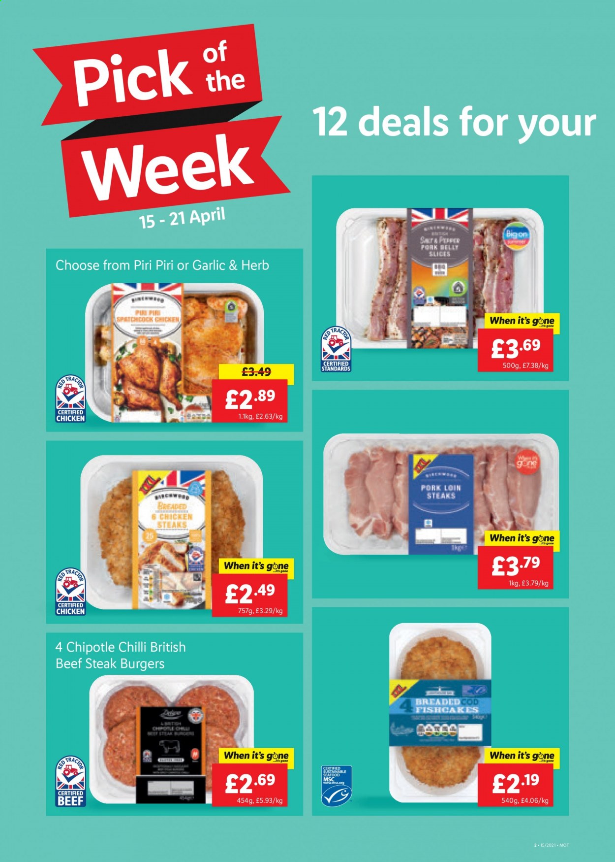 thumbnail - Lidl offer  - 15/04/2021 - 21/04/2021 - Sales products - beef meat, beef steak, steak, hamburger, pork loin, pork meat, fish cake, fork, tractor. Page 2.
