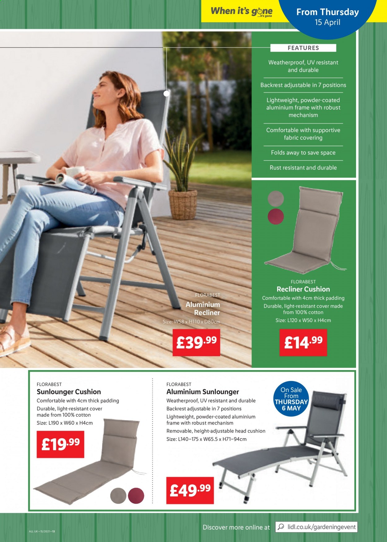 thumbnail - Lidl offer  - 15/04/2021 - 21/04/2021 - Sales products - recliner chair, cushion. Page 13.