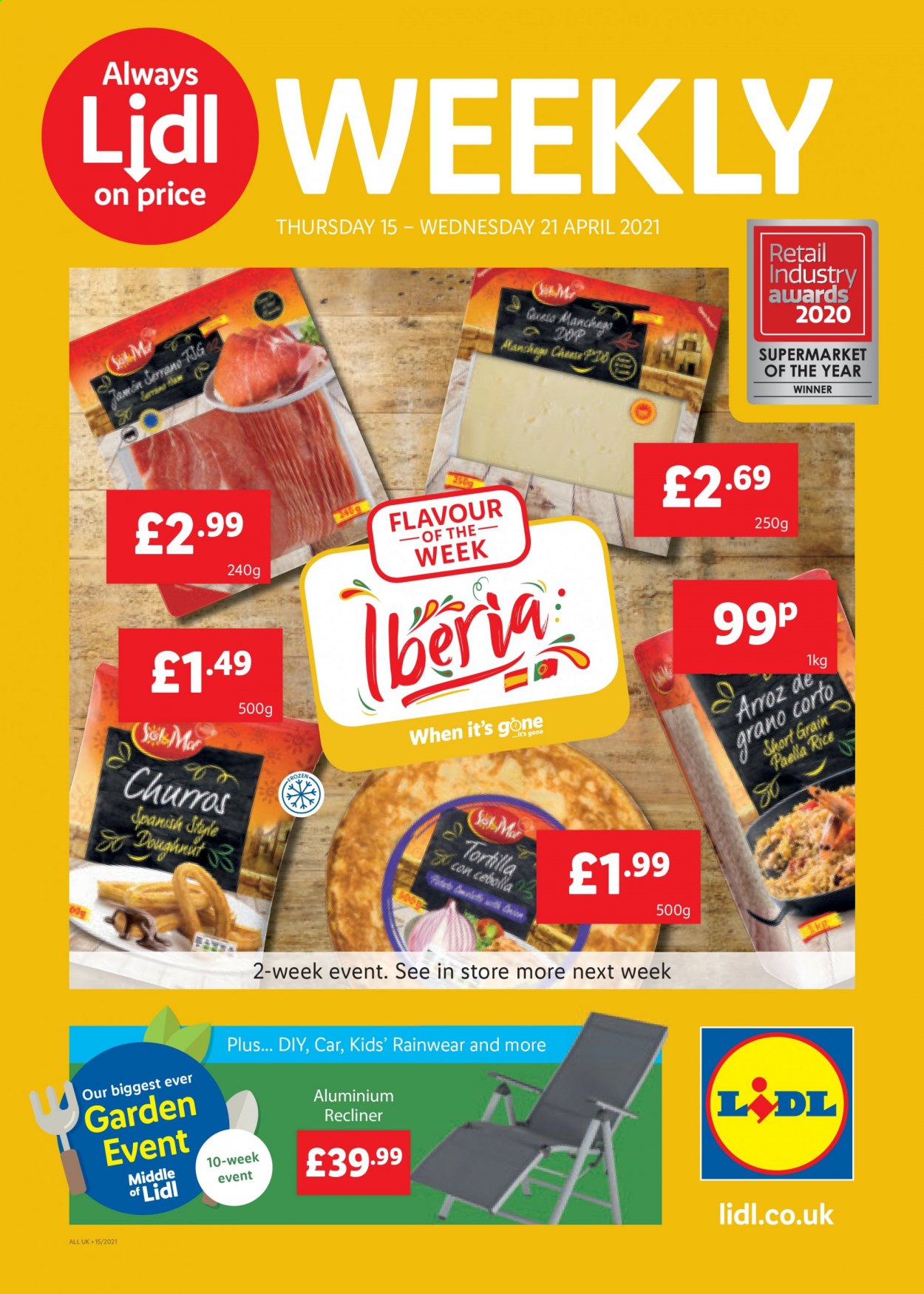 thumbnail - Lidl offer  - 15/04/2021 - 21/04/2021 - Sales products - recliner chair, tortillas, donut, paella, rice. Page 1.