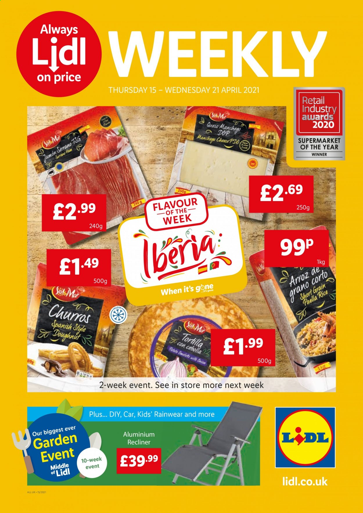 thumbnail - Lidl offer  - 15/04/2021 - 21/04/2021 - Sales products - recliner chair, tortillas, ham, Manchego, cheese, paella, rice. Page 1.