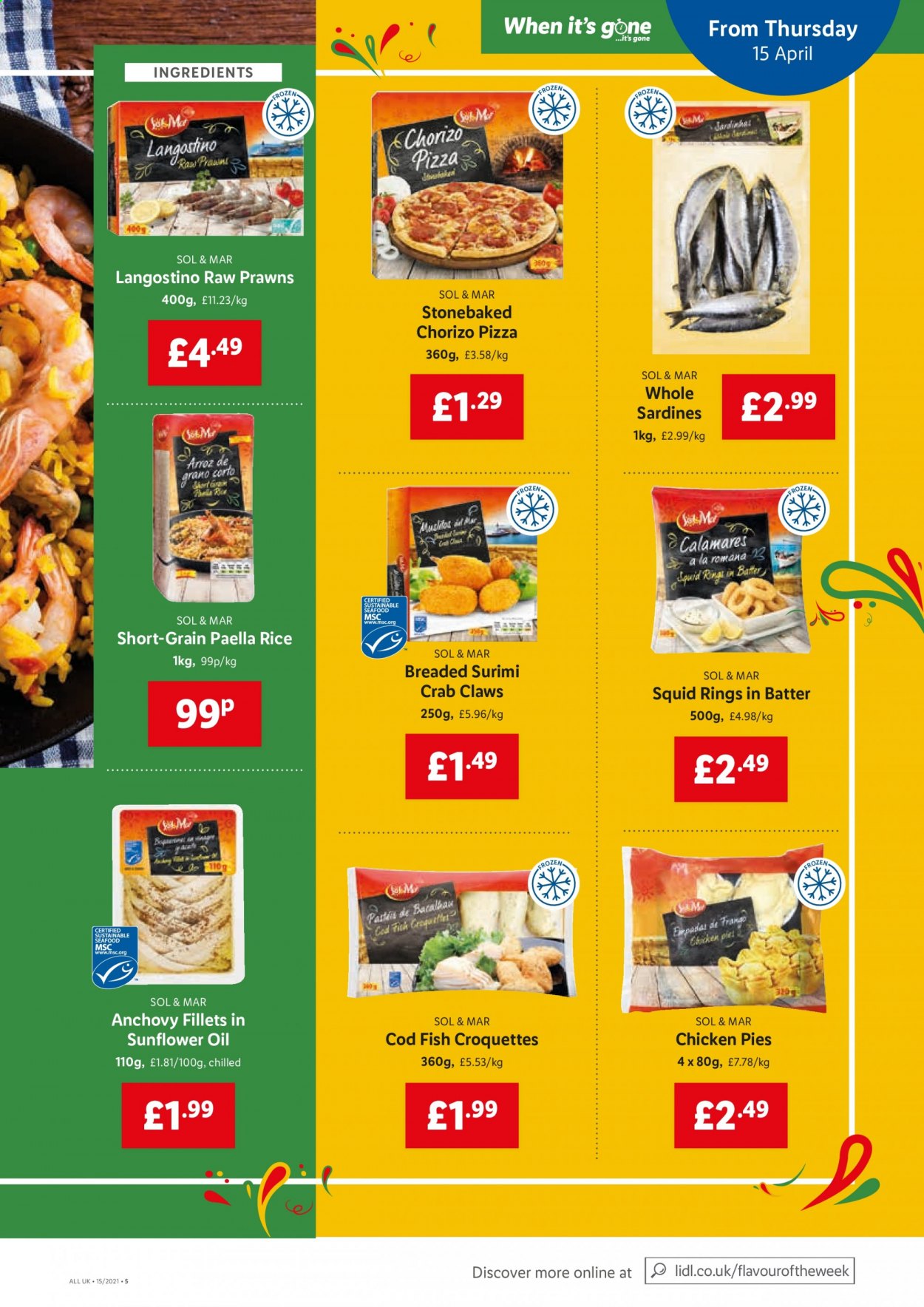 thumbnail - Lidl offer  - 15/04/2021 - 21/04/2021 - Sales products - Sol, cod, sardines, squid, prawns, crab, fish, squid rings, pizza, chicken pies, chorizo, paella, potato croquettes, anchovies, rice, oil. Page 3.