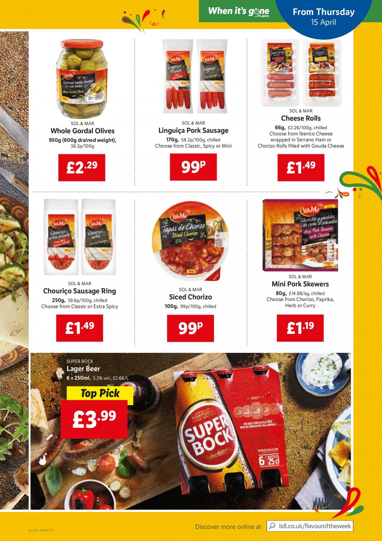 thumbnail - Lidl offer  - 15/04/2021 - 21/04/2021 - Sales products - beer, Sol, Lager, ham, chorizo, sausage, pork sausage, gouda, cheese, cheese rolls, olives, herbs. Page 5.
