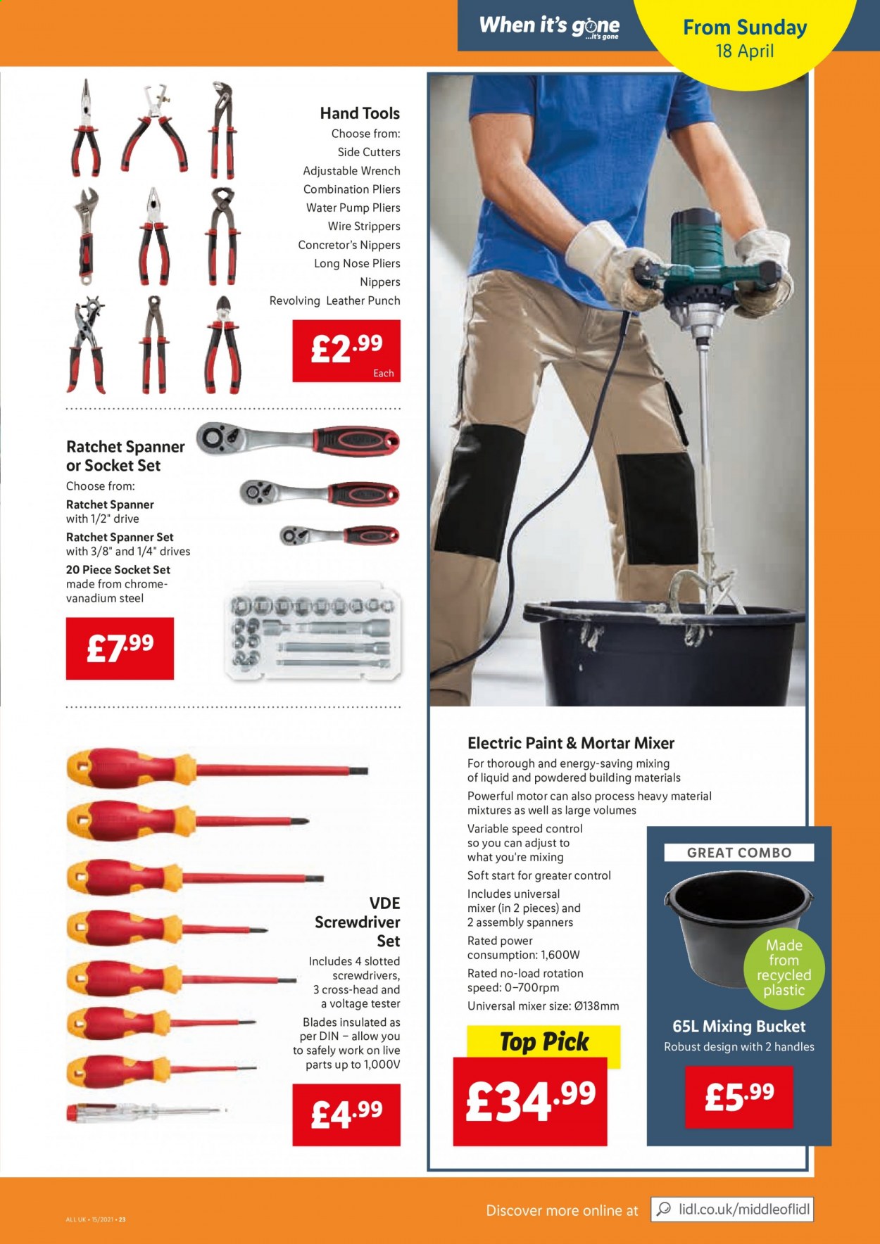 thumbnail - Lidl offer  - 15/04/2021 - 21/04/2021 - Sales products - punch, mixer, screwdriver, pliers, socket set, wrench, spanner, screwdriver set, hand tools, water pump, pump. Page 19.