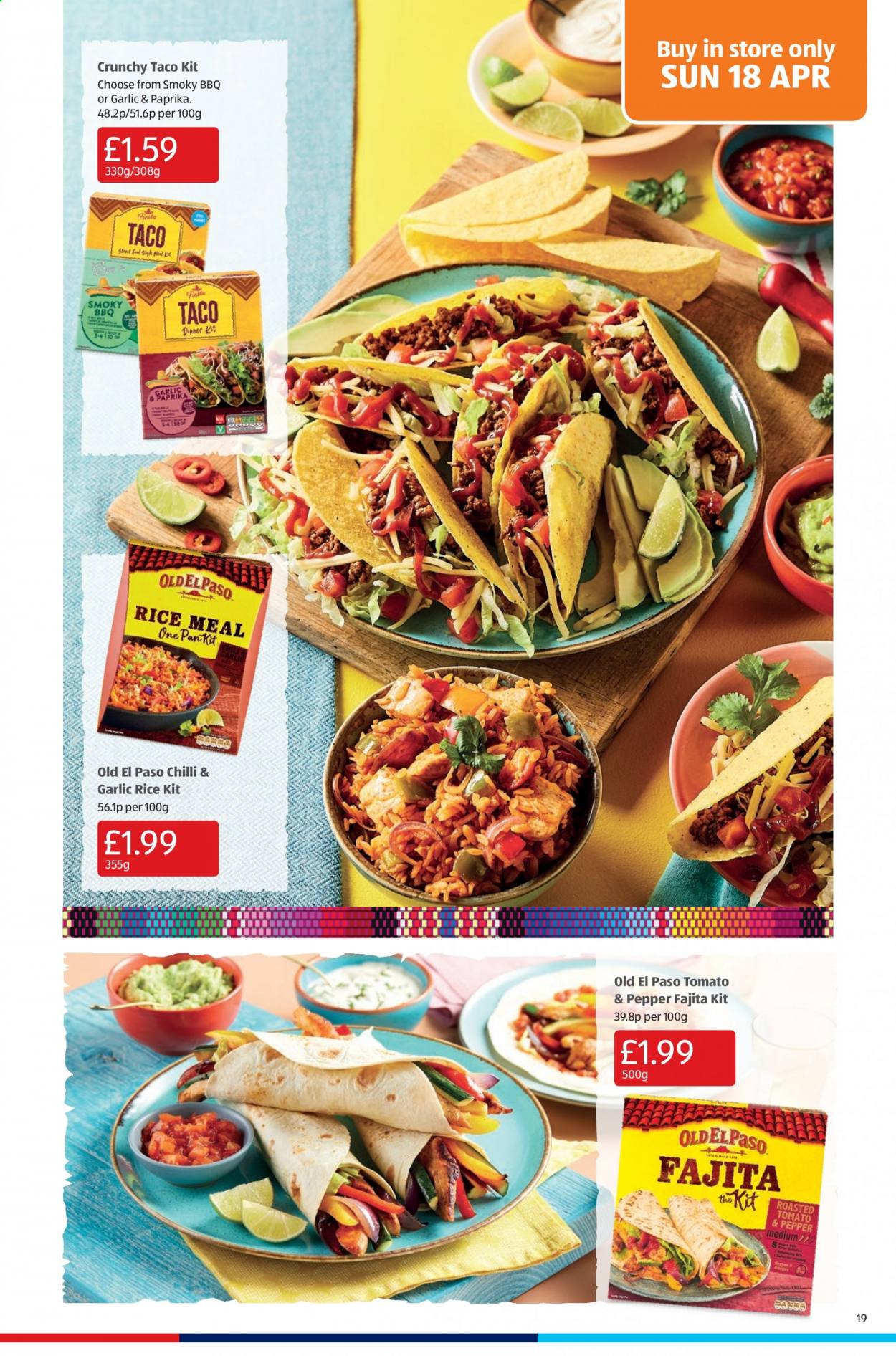 thumbnail - Aldi offer  - 11/04/2021 - 18/04/2021 - Sales products - Old El Paso, dinner kit, fajita, rice, pan. Page 19.