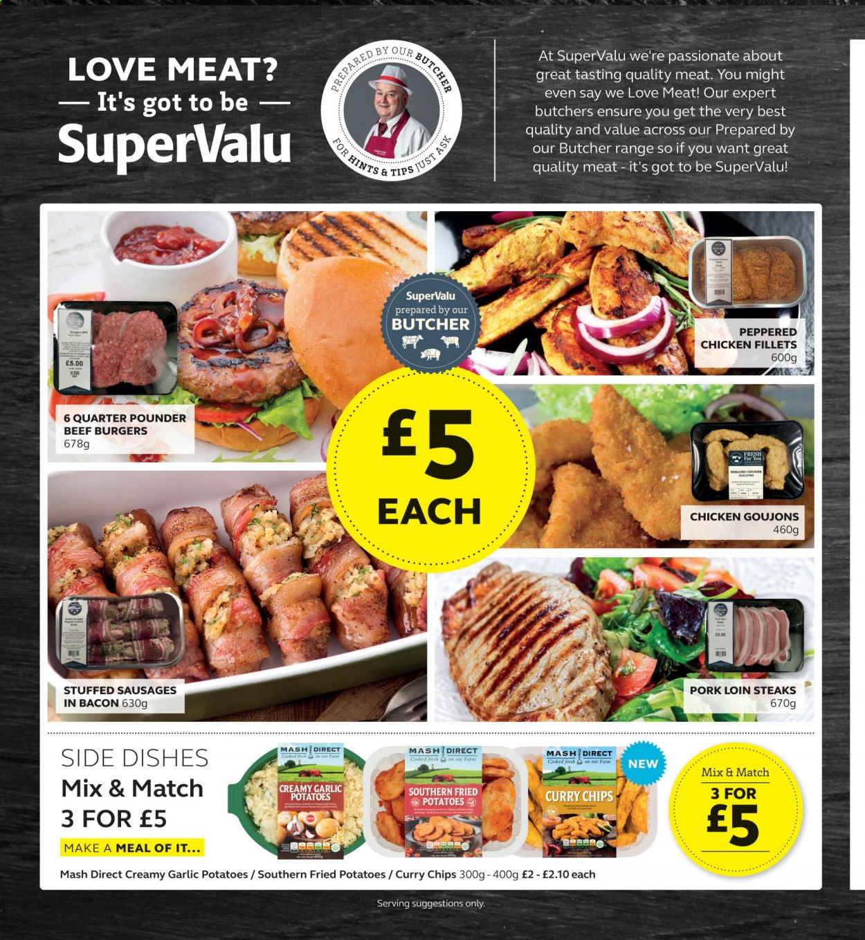 thumbnail - SuperValu offer  - 12/04/2021 - 01/05/2021 - Sales products - garlic, potatoes, steak, hamburger, pork loin, pork meat, fried chicken, beef burger, bacon, sausage, chips. Page 2.