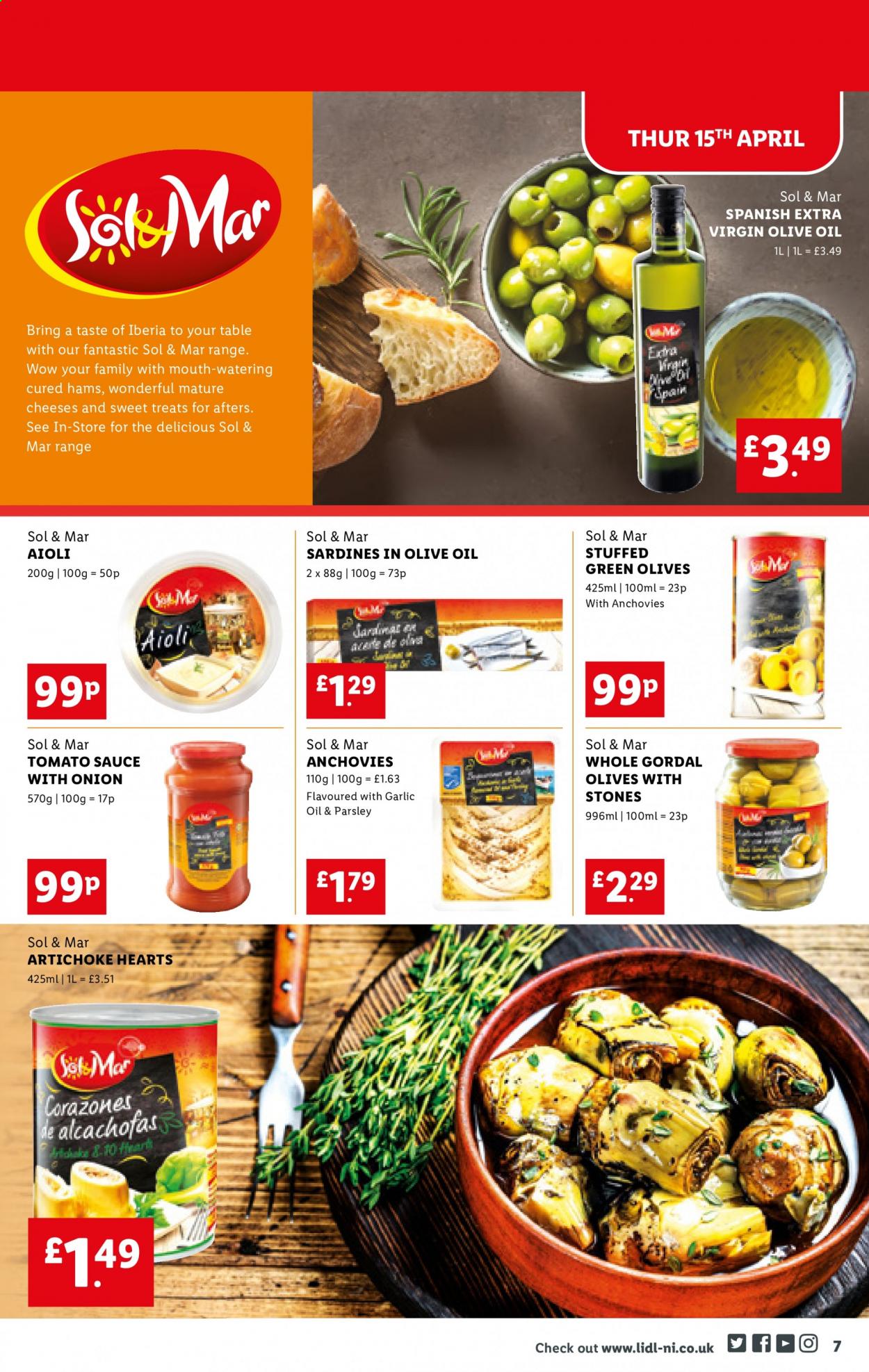 thumbnail - Lidl offer  - 15/04/2021 - 21/04/2021 - Sales products - Sol, artichoke, parsley, onion, sardines, sauce, cheese, anchovies, tomato sauce, olives, extra virgin olive oil, oil. Page 7.