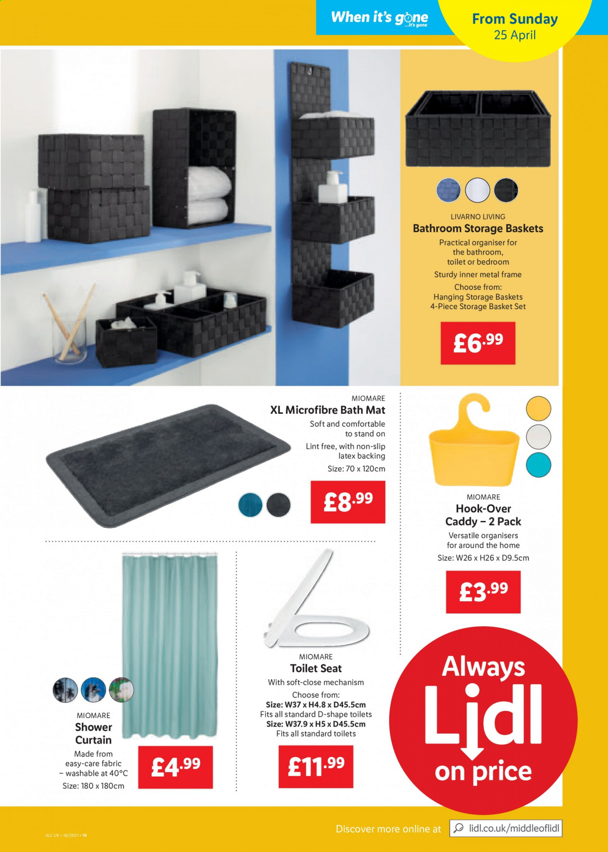 thumbnail - Lidl offer  - 22/04/2021 - 28/04/2021 - Sales products - Miomare, metal frame, basket, hook, storage basket, shower curtain, curtain, bath mat. Page 19.