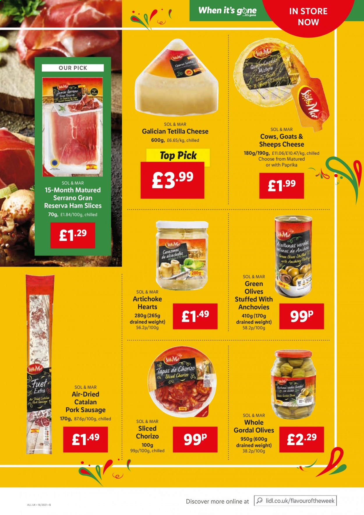 thumbnail - Lidl offer  - 22/04/2021 - 28/04/2021 - Sales products - Sol, artichoke, ham, chorizo, sausage, pork sausage, cheese, anchovies, olives. Page 3.