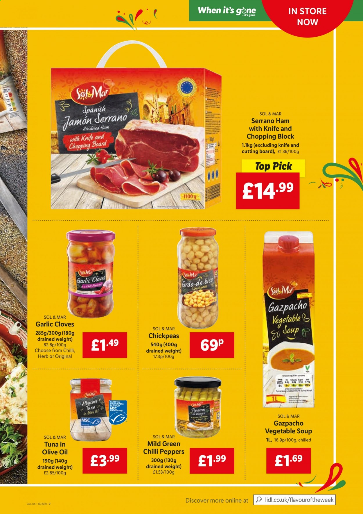 thumbnail - Lidl offer  - 22/04/2021 - 28/04/2021 - Sales products - Sol, garlic, peppers, tuna, vegetable soup, soup, ham, chickpeas, cloves, herbs, olive oil, oil, cutting board, knife, chopping board. Page 5.