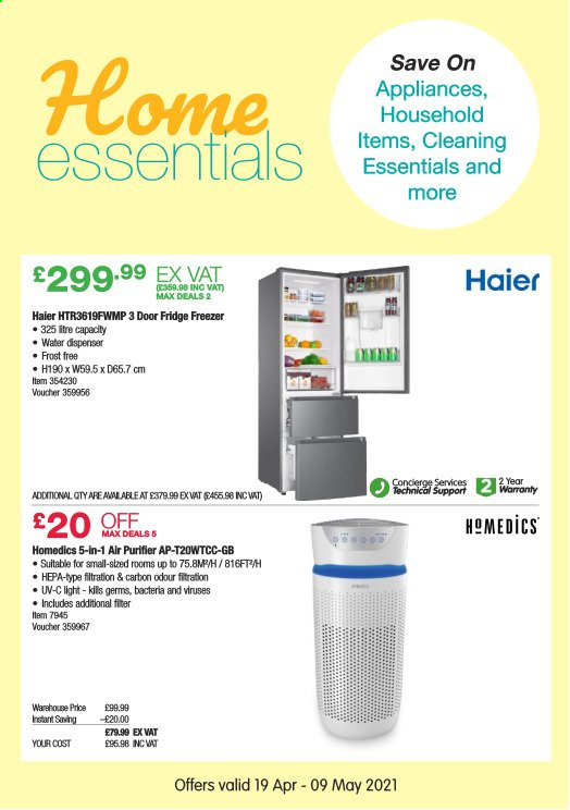 thumbnail - Costco offer  - 19/04/2021 - 09/05/2021 - Sales products - dispenser, Haier, freezer, refrigerator, fridge, air purifier, water dispenser. Page 4.