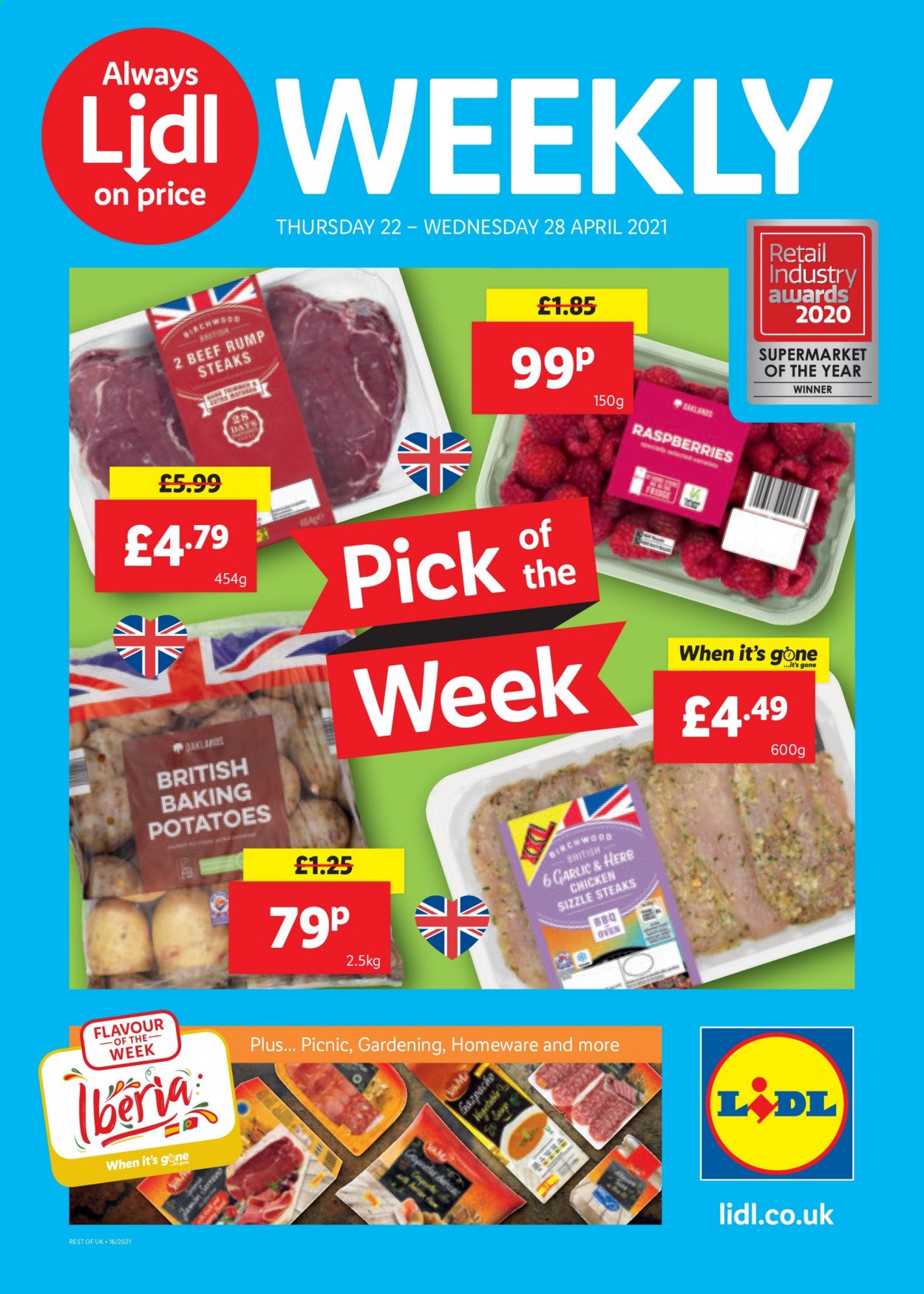 thumbnail - Lidl offer  - 22/04/2021 - 28/04/2021 - Sales products - potatoes, raspberries, steak. Page 1.