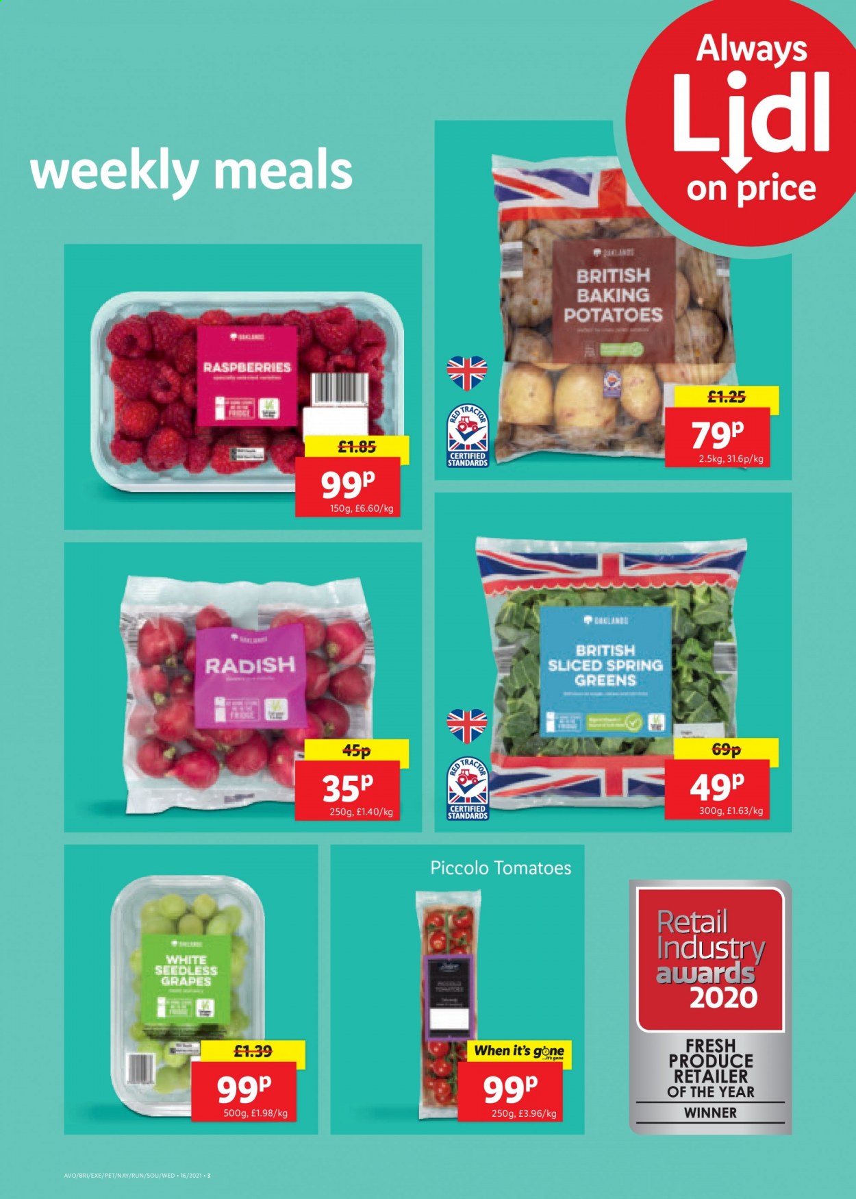 thumbnail - Lidl offer  - 22/04/2021 - 28/04/2021 - Sales products - radishes, tomatoes, potatoes, grapes, raspberries, seedless grapes. Page 3.