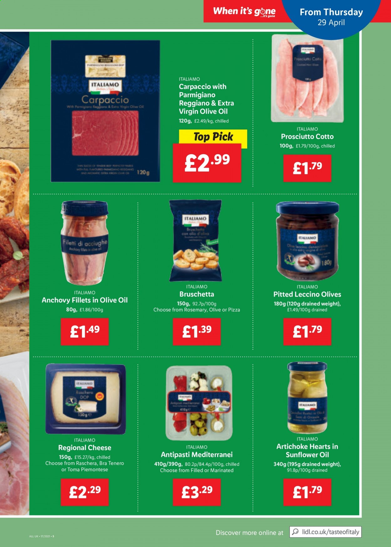 thumbnail - Lidl offer  - 29/04/2021 - 05/05/2021 - Sales products - artichoke, pizza, prosciutto, Parmigiano Reggiano, anchovies, olives, rosemary, extra virgin olive oil, oil, bra. Page 5.
