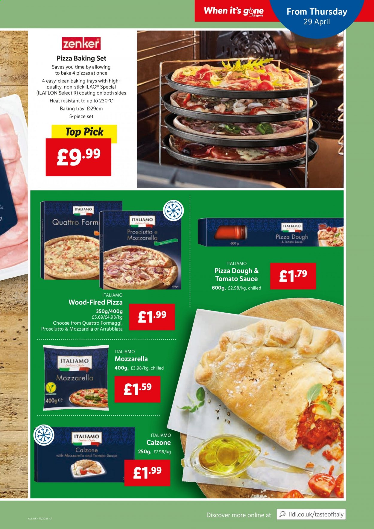thumbnail - Lidl offer  - 29/04/2021 - 05/05/2021 - Sales products - sauce, calzone, prosciutto, pizza dough, tomato sauce, baking tray, baking set. Page 5.