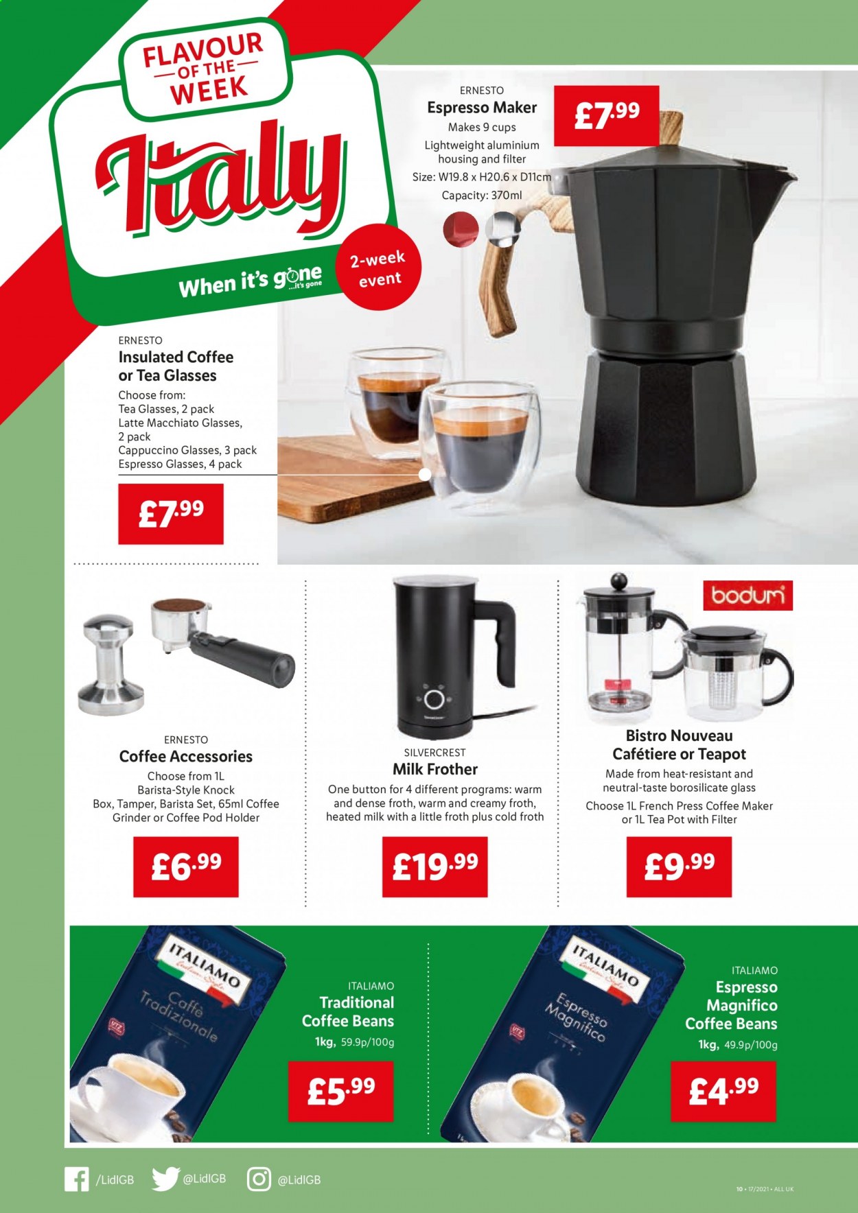 thumbnail - Lidl offer  - 29/04/2021 - 05/05/2021 - Sales products - SilverCrest, tea, cappuccino, coffee beans, Ernesto, teapot, pot, grinder, coffee grinder, cup, coffee machine, French press, milk frother, holder. Page 8.