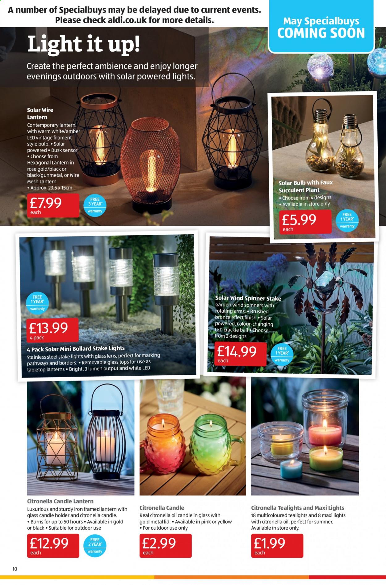 thumbnail - Aldi offer  - 25/04/2021 - 02/05/2021 - Sales products - lid, candle, bulb, lantern, glass candle, tops, succulent, rose. Page 10.